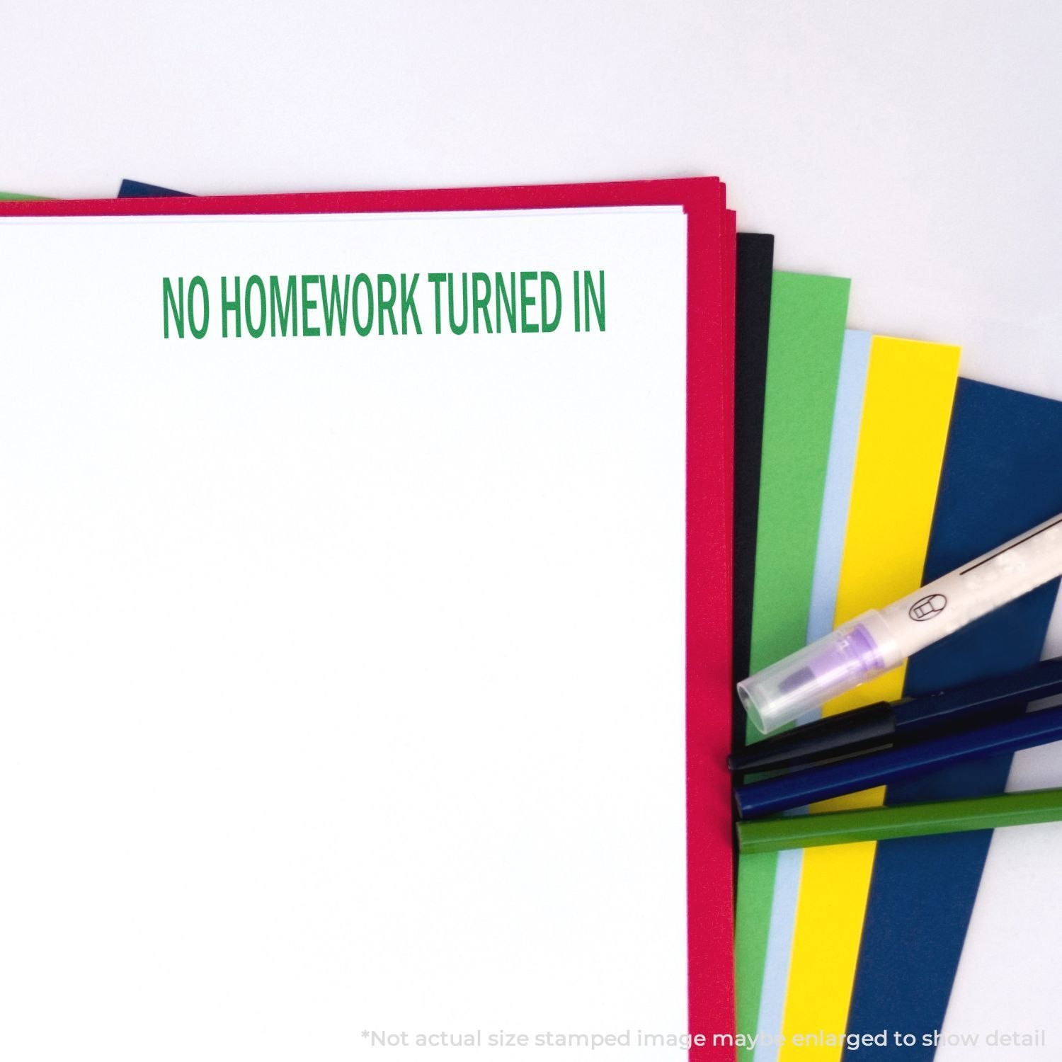 Books and colorful school folders with No Homework Turned In message, emphasizing missed homework submission in class.