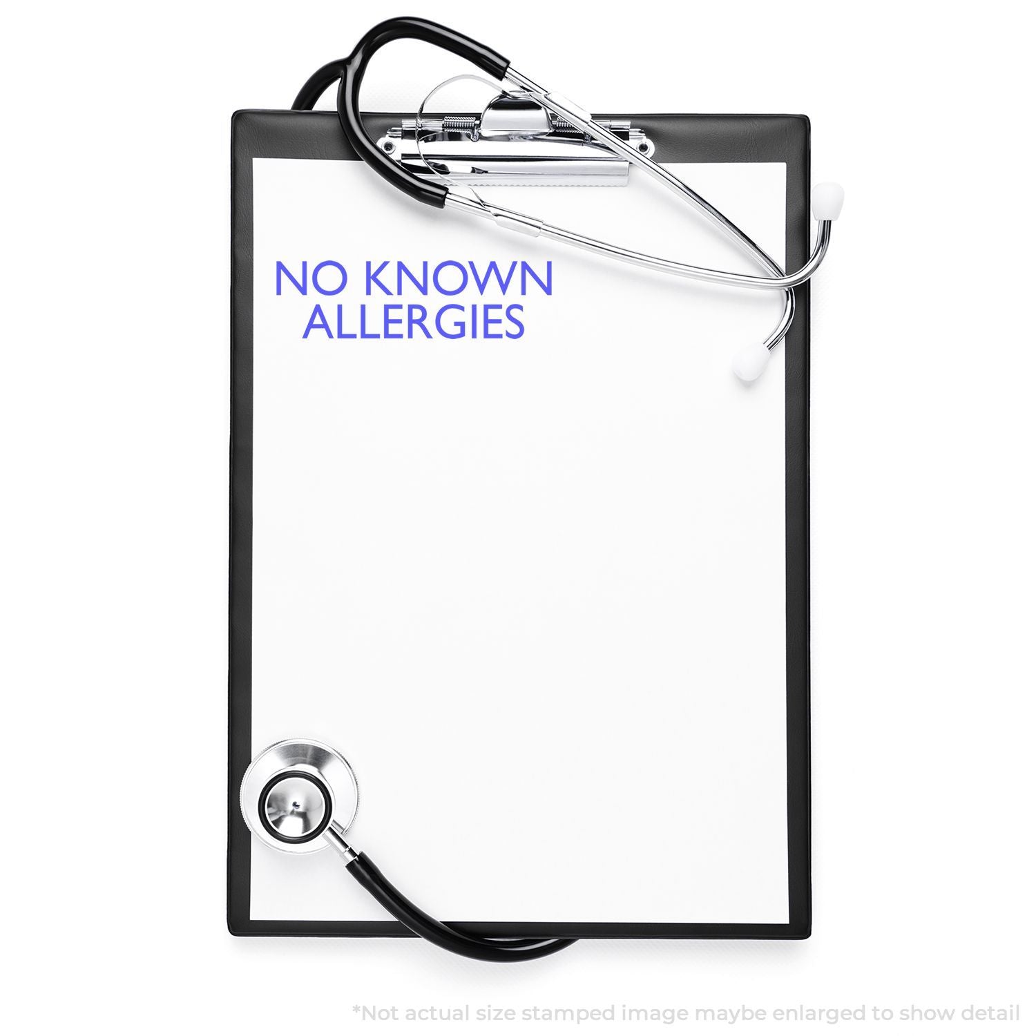 Clipboard medical form with stethoscope showing No Known Allergies to support allergy-free patient record and screening