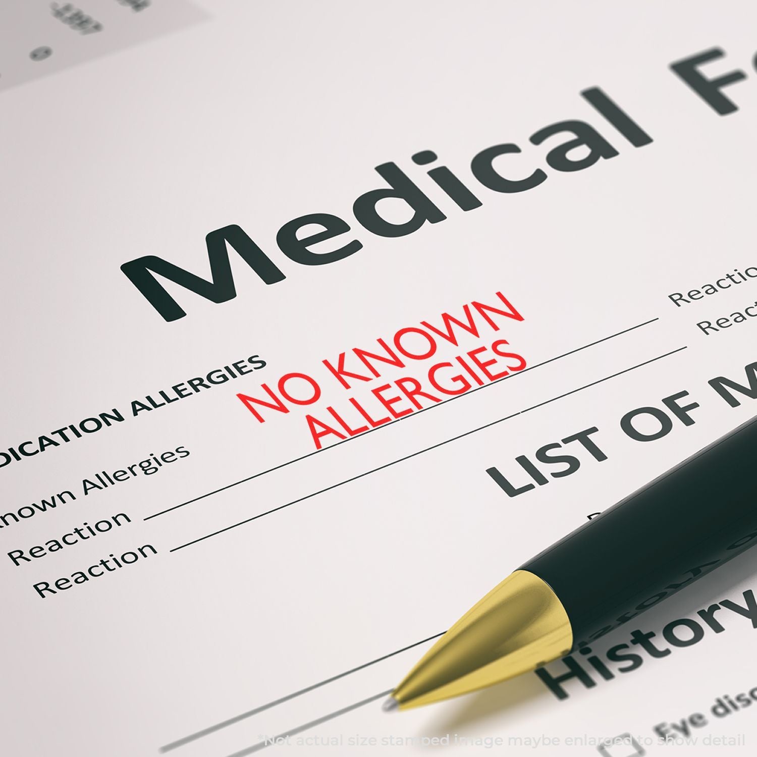 Medical form with no known allergies section and pen for patient allergy history documentation