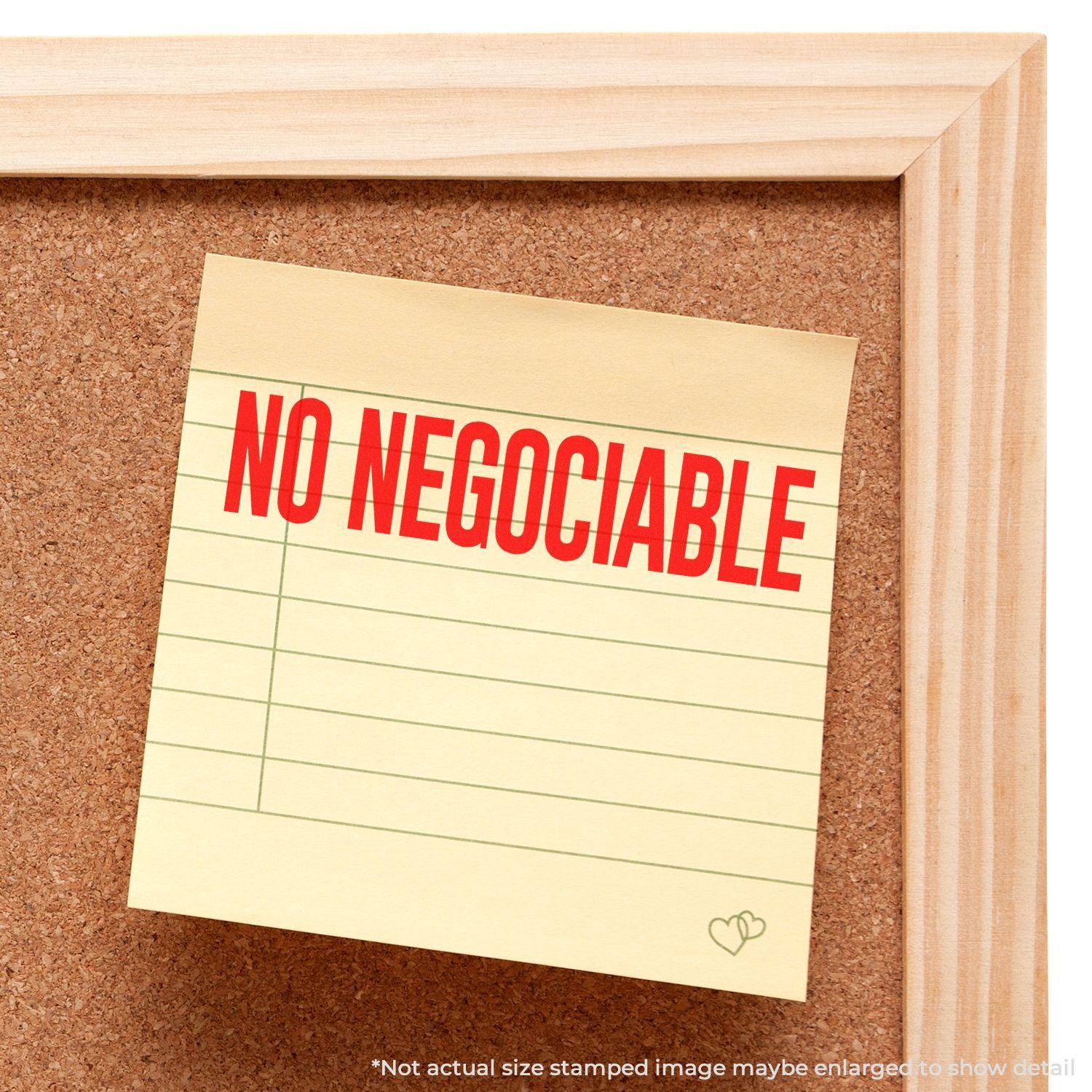 Yellow sticky note on a cork bulletin board reading NO NEGOCIABLE, highlighting non-negotiable terms and boundaries.