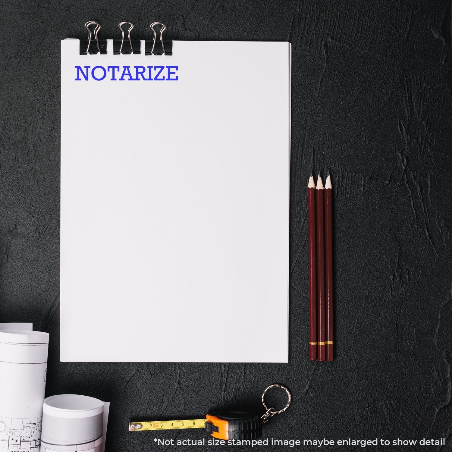 Notarize stamp notepad and pencils on desk for legal document notarization checklists and appointment preparation template page