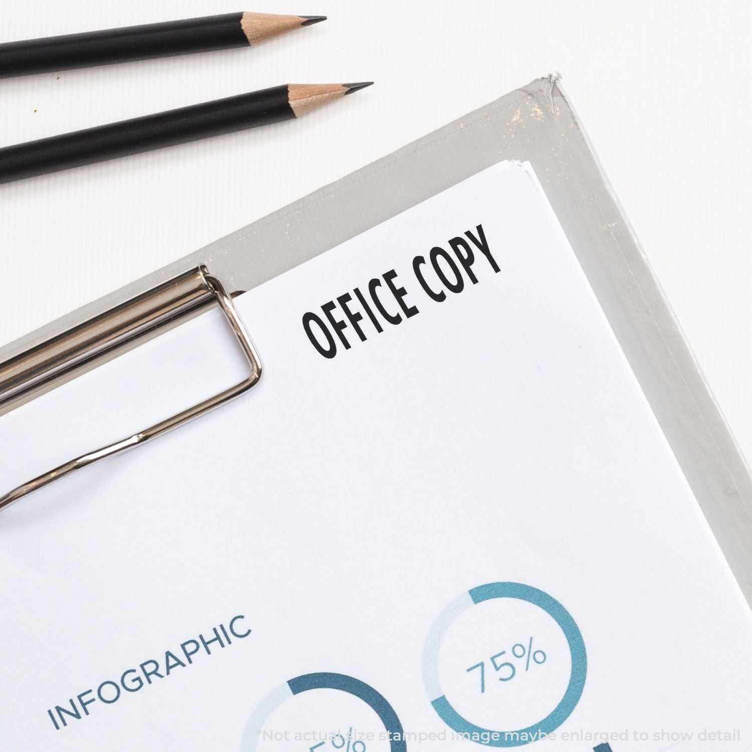 Office copy document on clipboard with pencils and infographic charts, business report template.