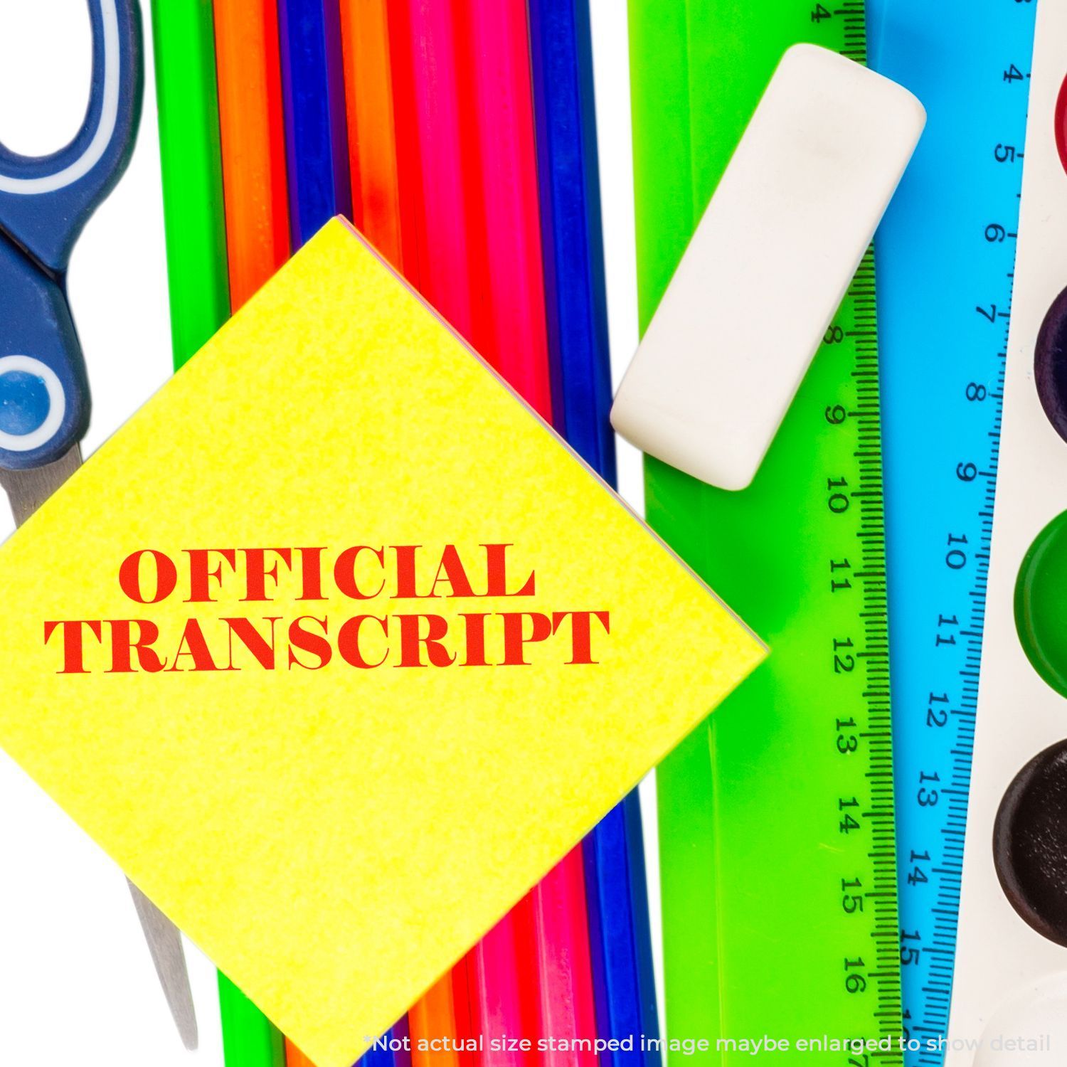Official transcript stamp on yellow school document label beside rulers and colored pencils, education paperwork concept.