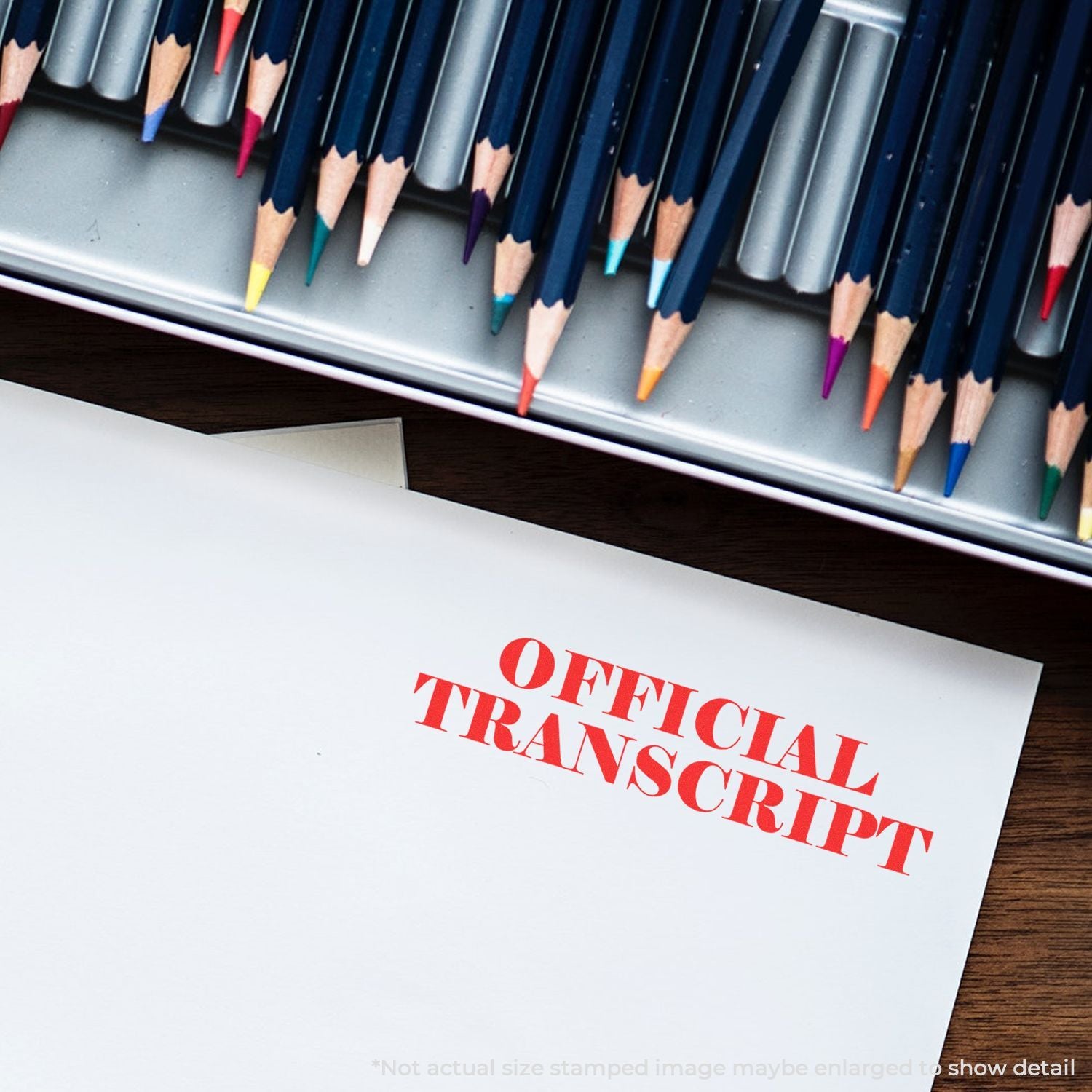 Colored pencils beside a white page titled One fictional transcript, illustrating creative writing and document design.
