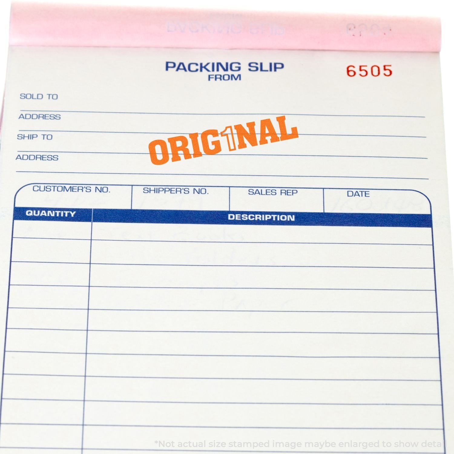 Packing slip document labeled ORIGINAL, showing shipping details fields for customer, ship-to, and datewarehouse shipping paperwork.