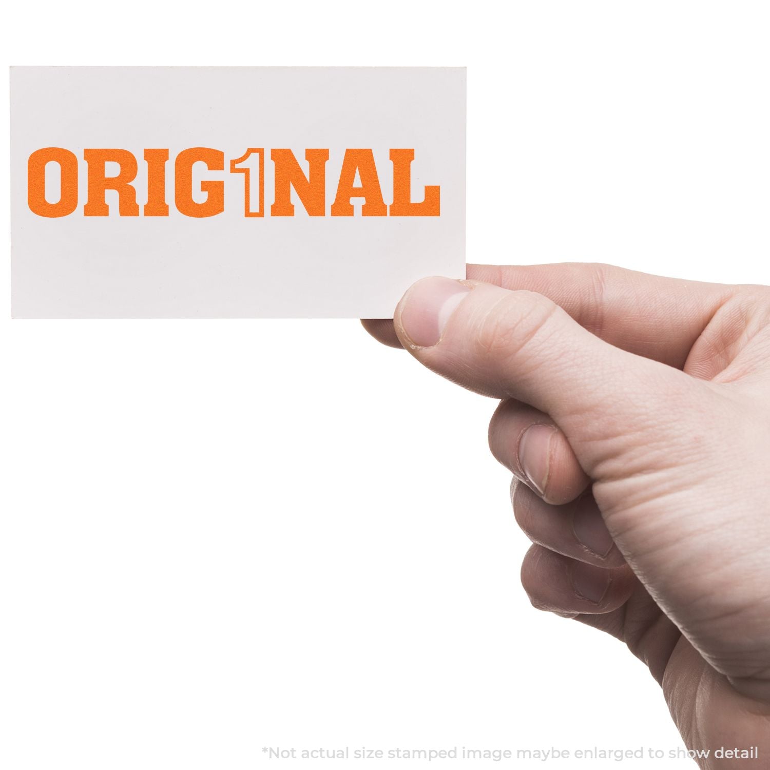 Hand holding a business card with bold orange ORIGINAL text on a white background.