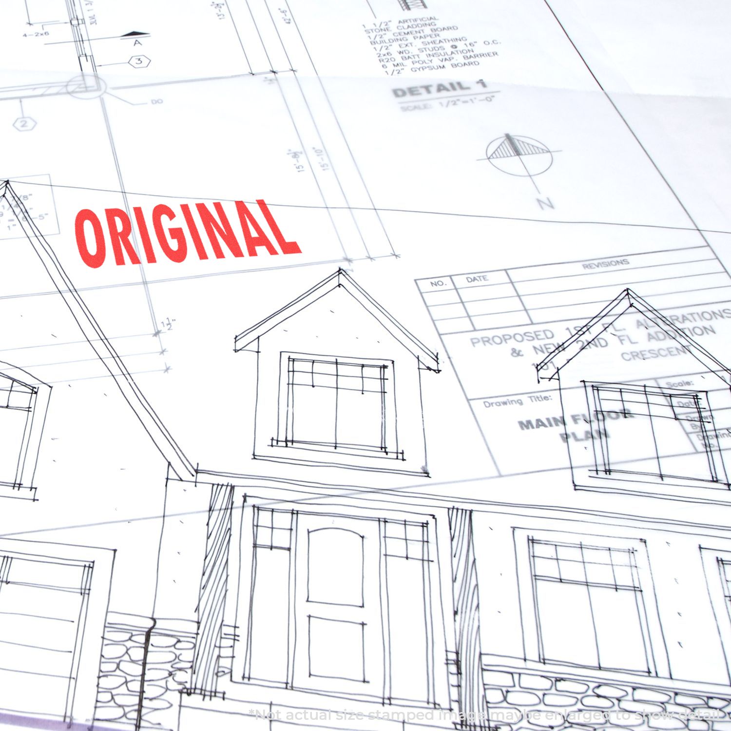 Architectural blueprint with ORIGINAL stamp, showing building elevation and detail notes for construction plan design