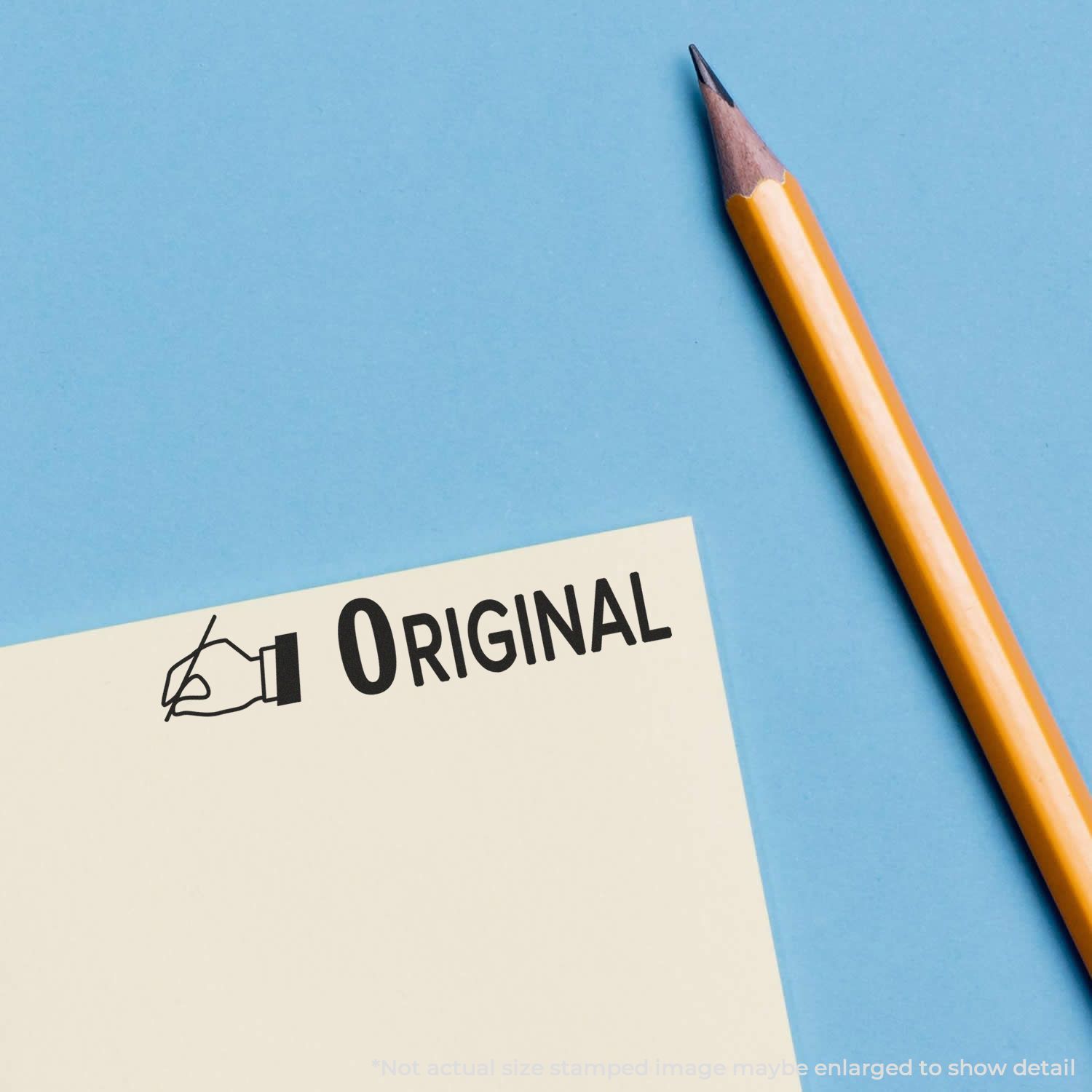 Original document stamp icon with pencil on blue background, symbolizing authenticity, copyright, and creative content.