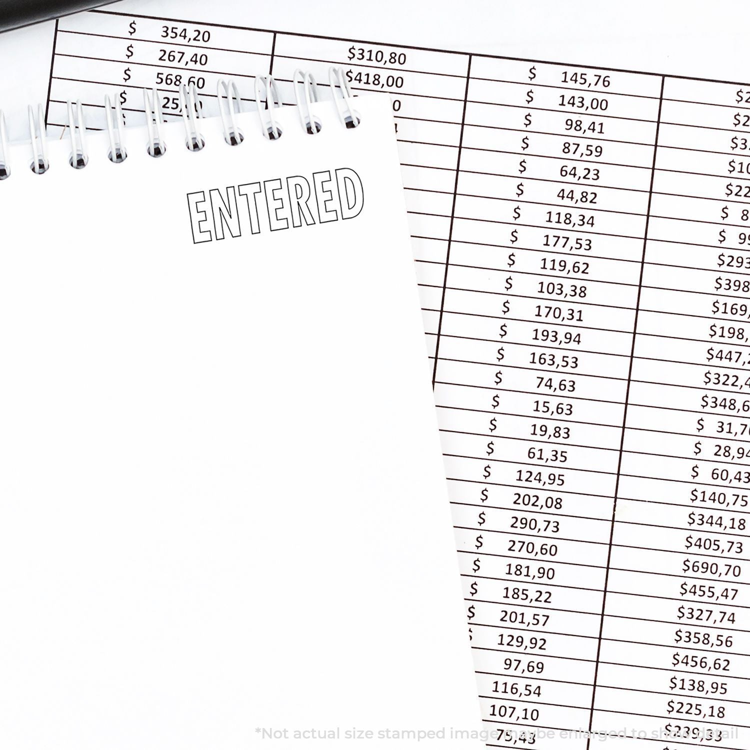 Spreadsheet accounting report showing entered transaction amounts in dollars, with ENTERED marking for bookkeeping and finance records.