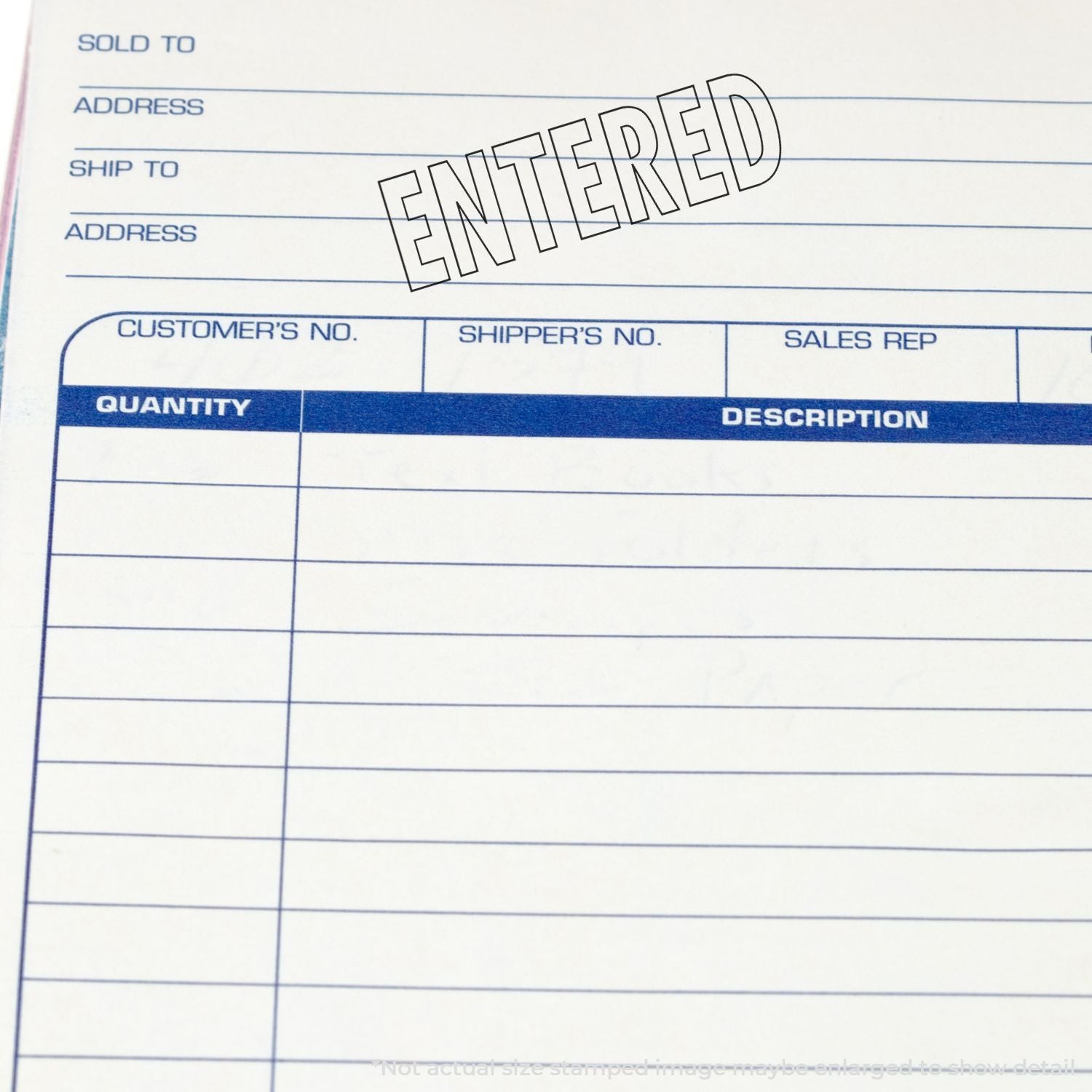 Shipping order form showing customer and ship-to address fields, quantity, and an Entered stamp for delivery documentation.