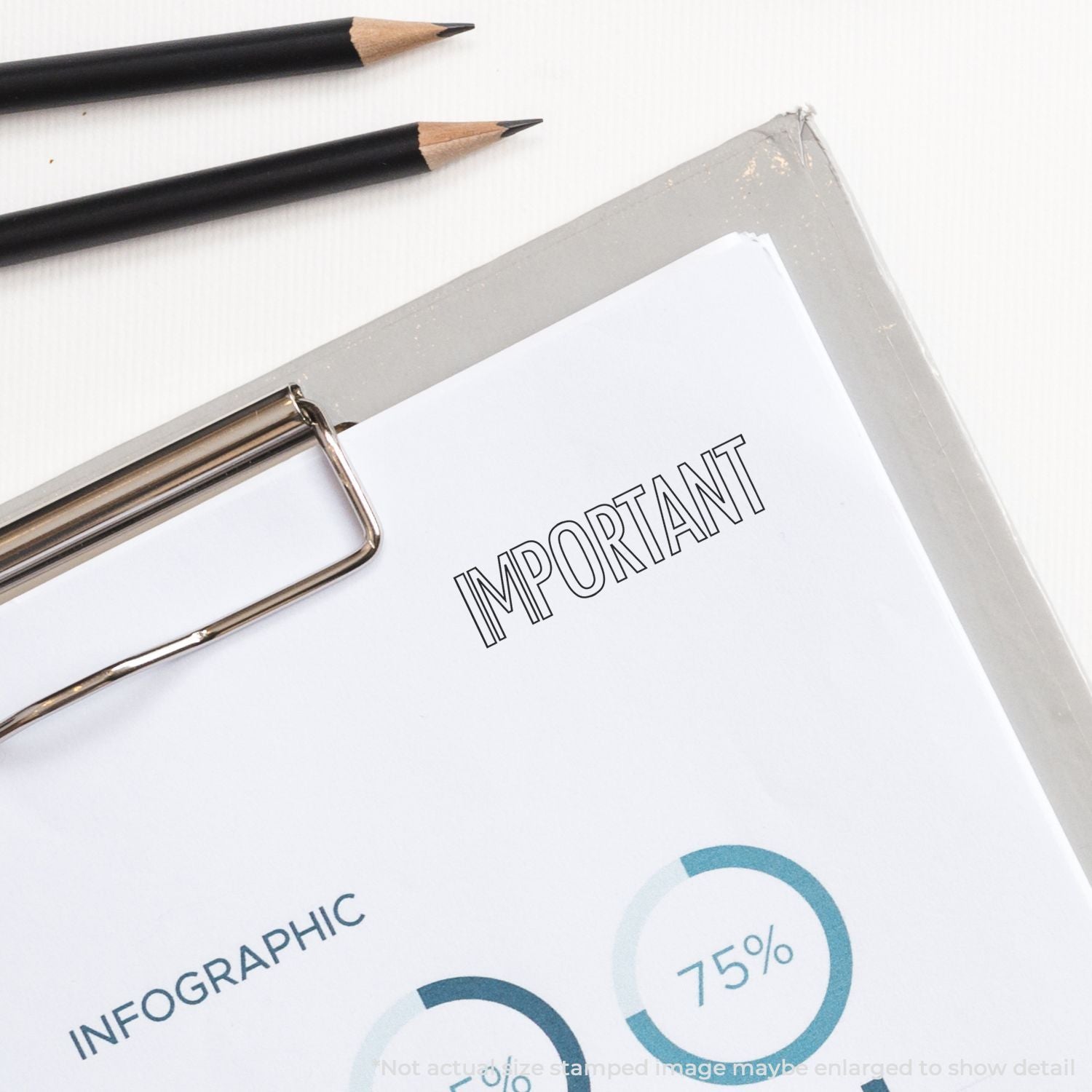 Clipboard with important business document, pencils, and infographic chart on white desk background