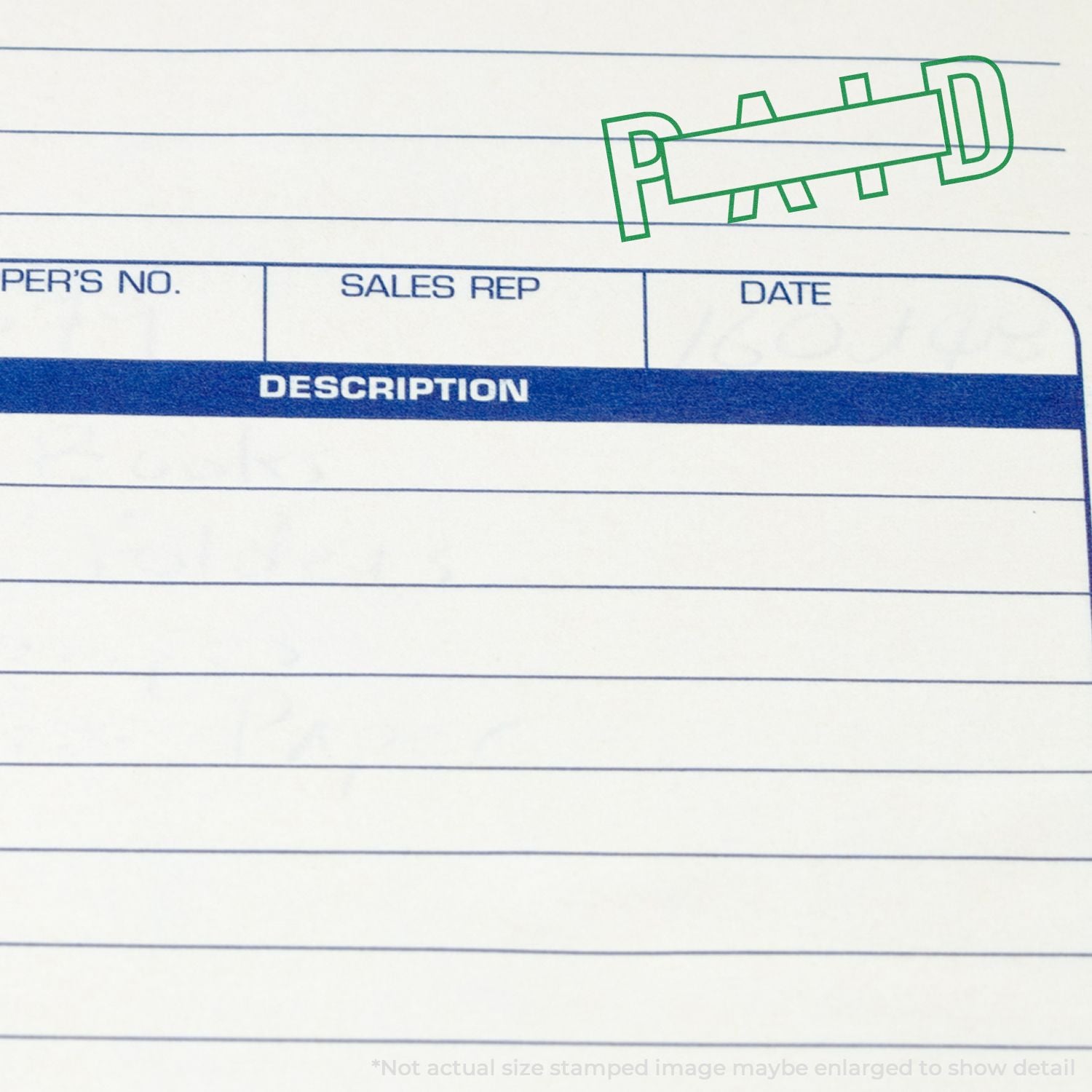 Green PAID stamp on invoice form with description, sales rep, and date fields