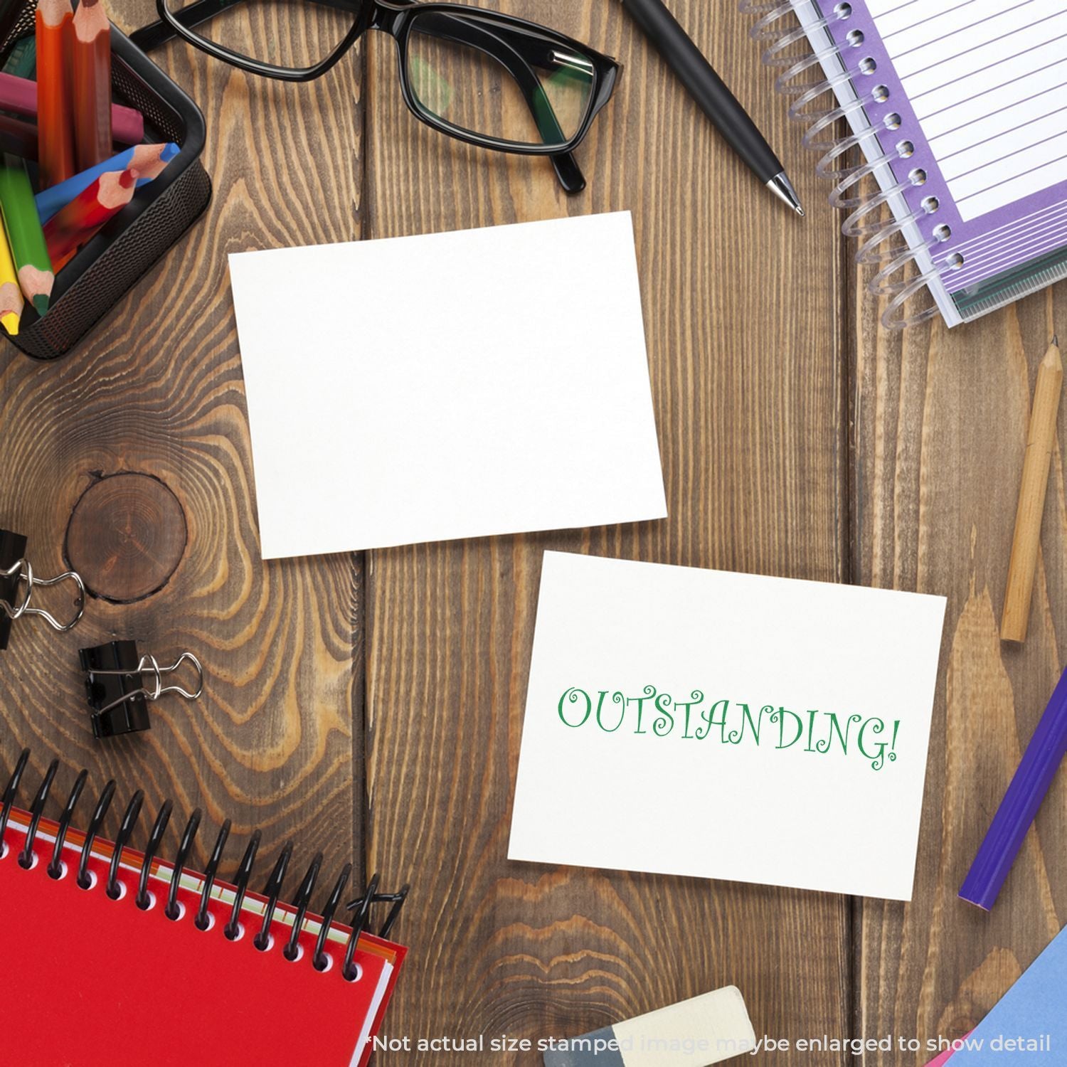 Wood desk stationery flat lay with blank cards, pen and pencil; 'OUTSTANDING!' printable greeting for office design