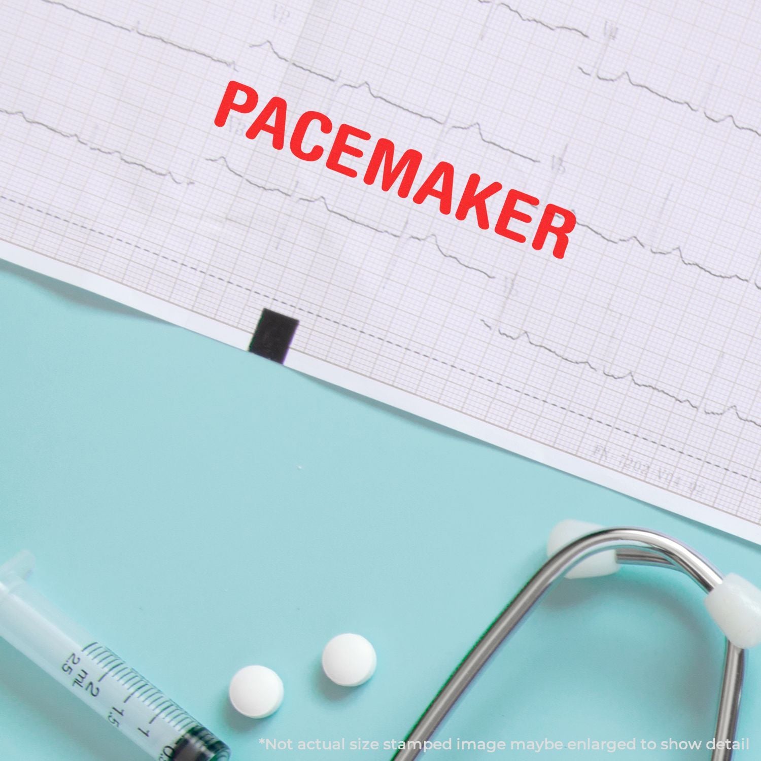 Pacemaker concept image on an ECG heart monitor strip with pacemaker label and medical instruments.