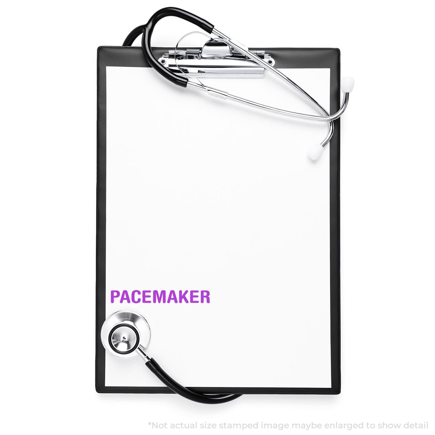 Medical clipboard with stethoscope and pacemaker label, healthcare and cardiology concept.
