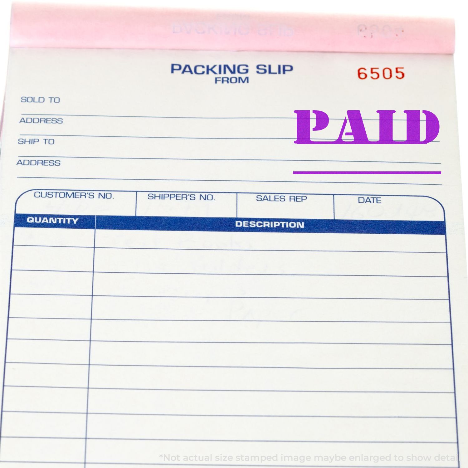 Packing slip form with ship-to address, customer/shipper numbers, quantity and description lines, and PAID stamp for shipping records.