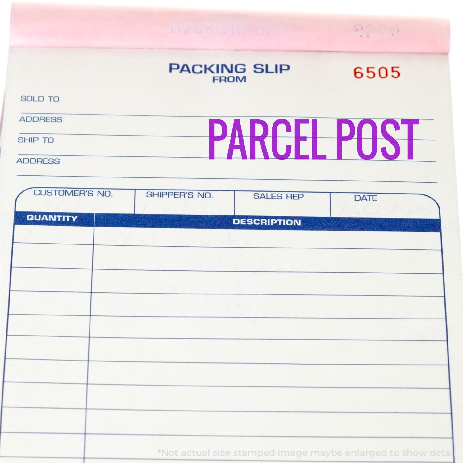 Parcel post packing slip form with customer, ship to, quantity, description, date, and sales rep fields for shipping and inventory records.