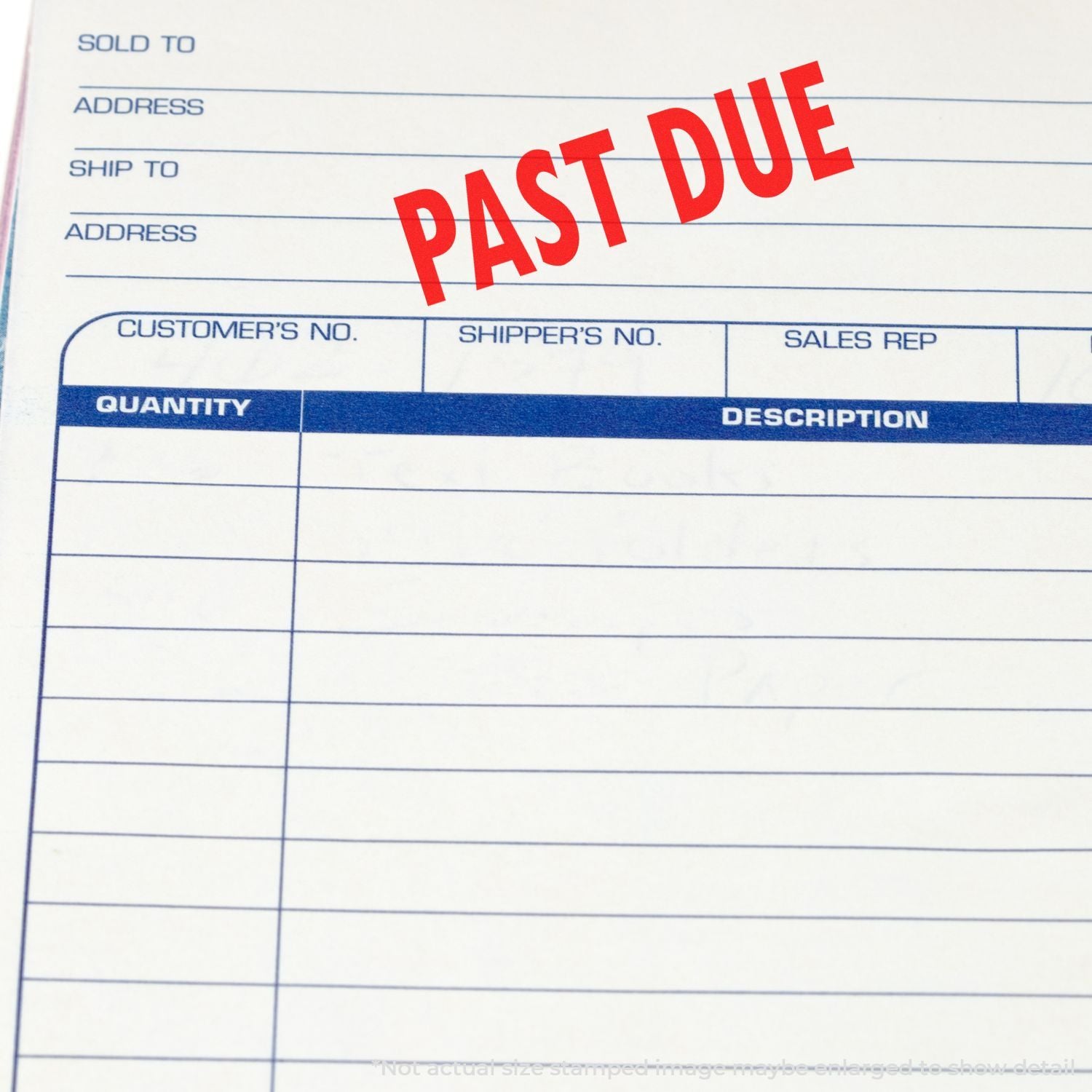 Past due invoice document marked PAST DUE in red, showing shipping and quantity fields for overdue payment notice.