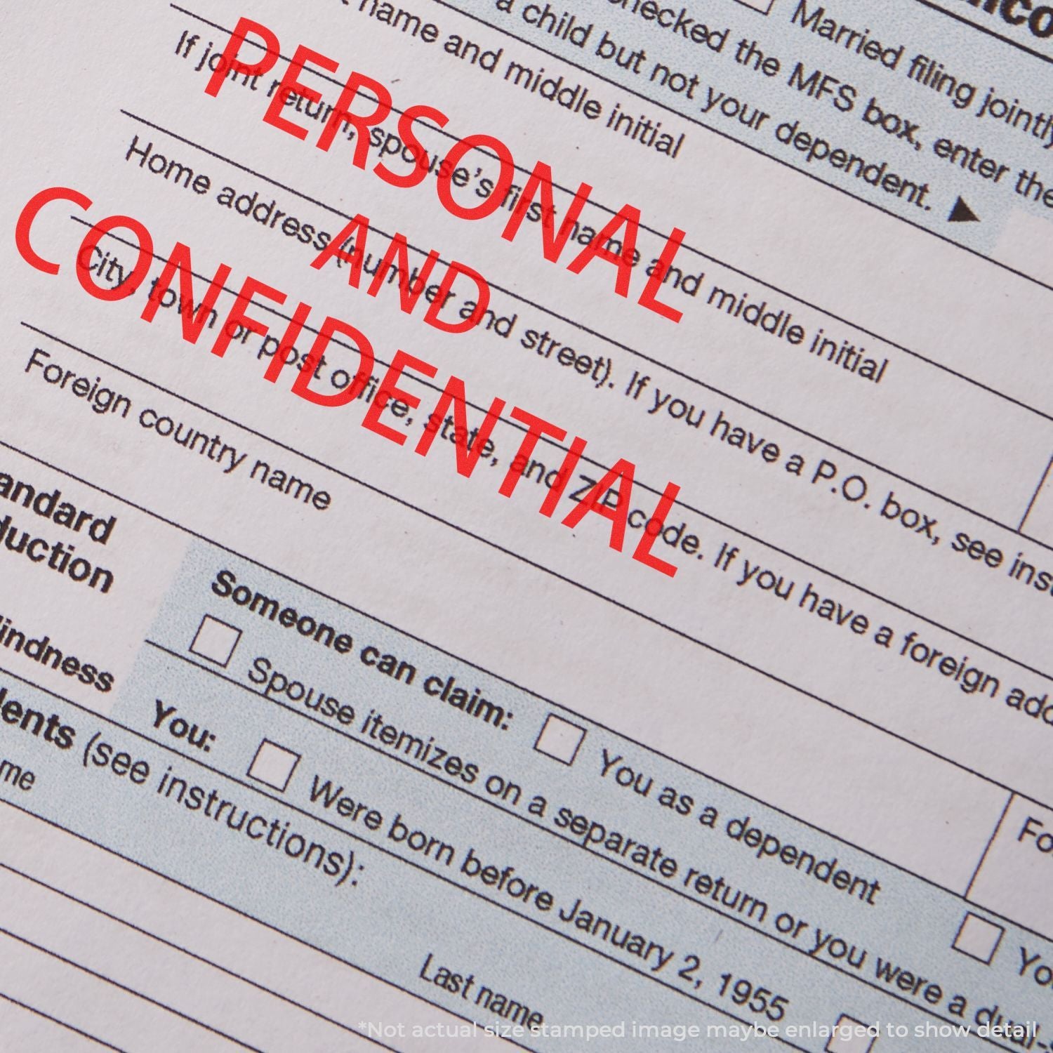 IRS tax form prepared and amended stamp over filing status fields like Married Filing Jointly and home address details for taxes
