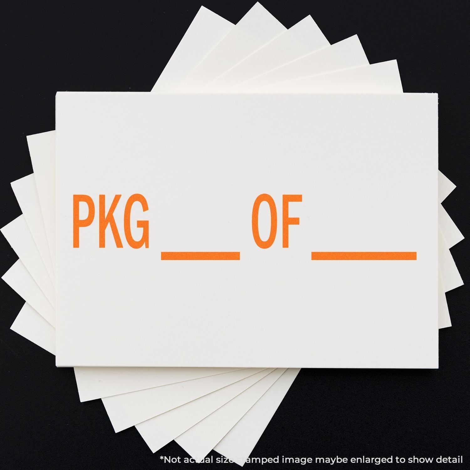 Blank packaging mockup with stacked white paper cards and orange PKG_OF_ text on a black background.