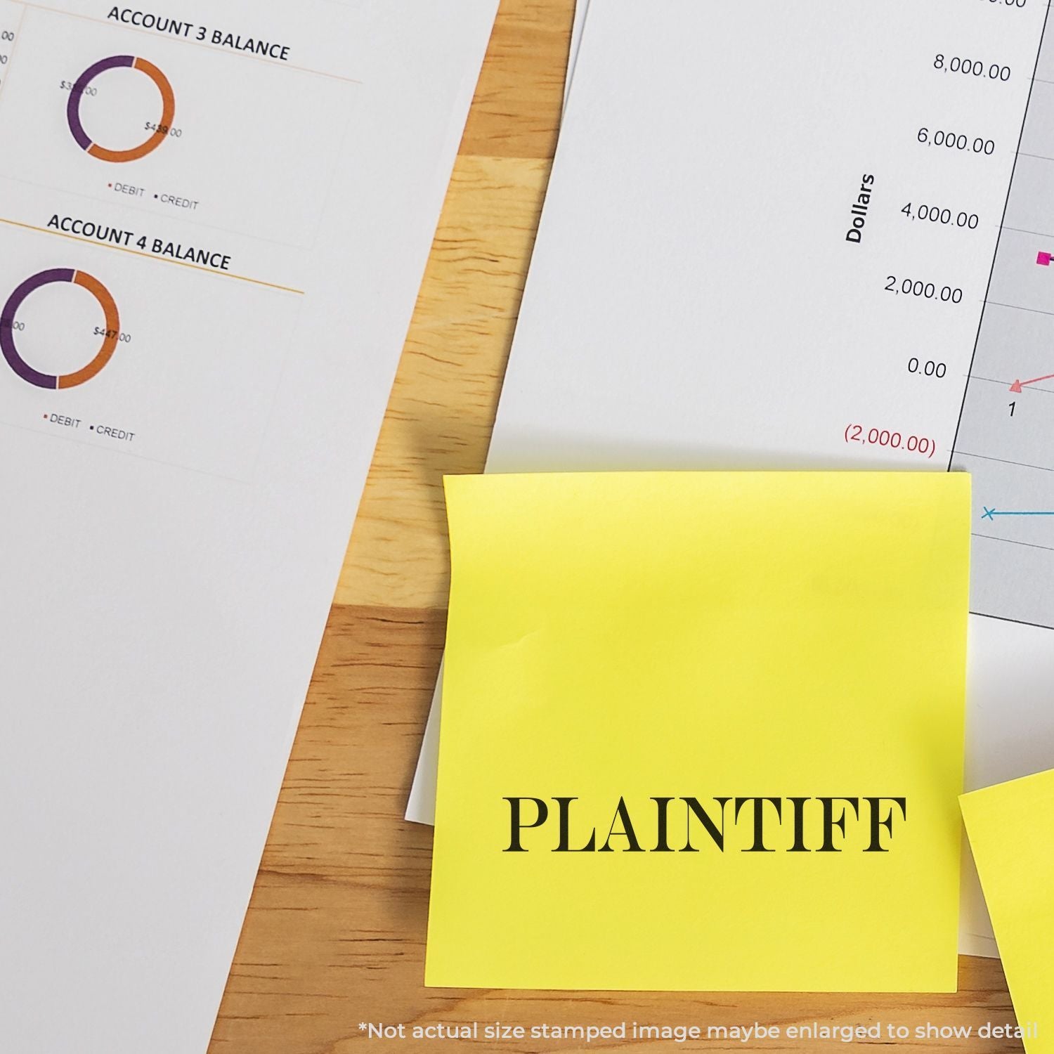 Plaintiff sticky note over spreadsheet with account balance charts and dollar amounts for legal accounting and case budgeting finance