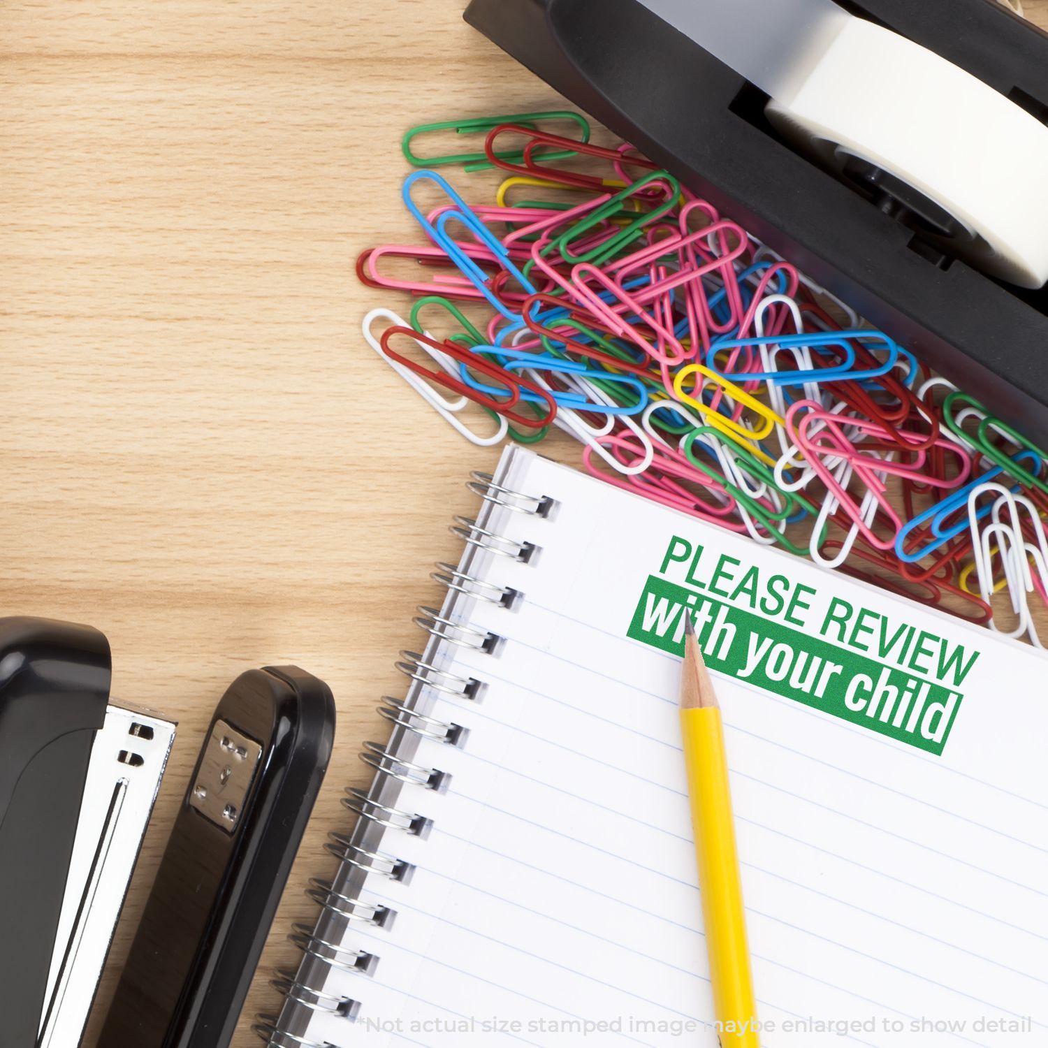 Colorful paper clips, stapler, pencil, and notebook with Please review with your child on a wooden desk, school supplies for parent-teacher communication.