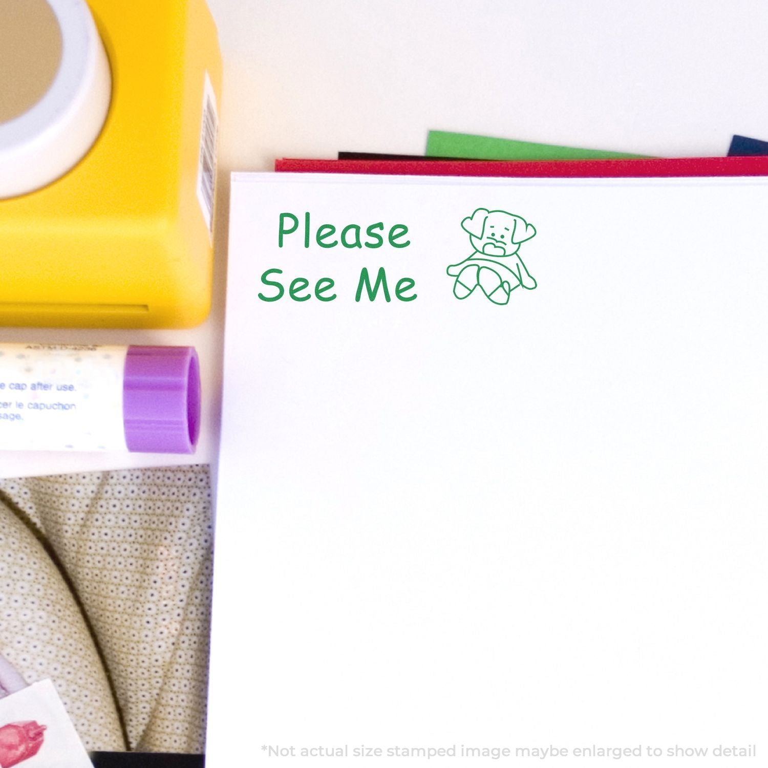 Please See Me dog stamp on white card with colorful stationery and paper sheets background