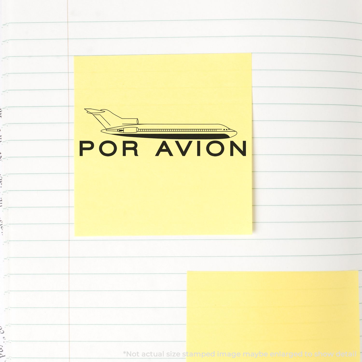 Yellow sticky note with airplane icon and POR AVION text on lined notebook paper, air mail shipping label design