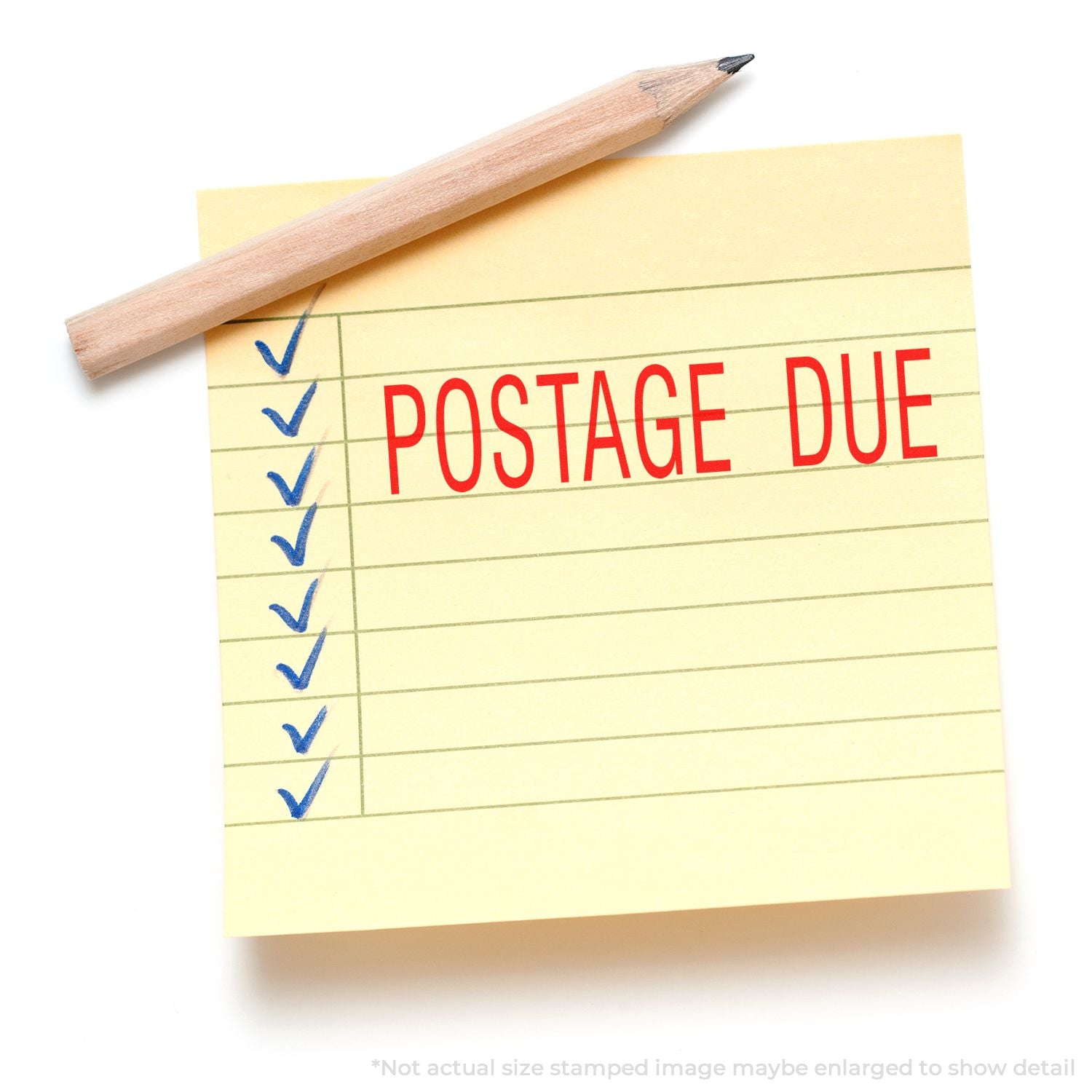 POSTAGE DUE note on yellow paper with check marks and pencil, highlighting unpaid shipping fee and mail delivery status.