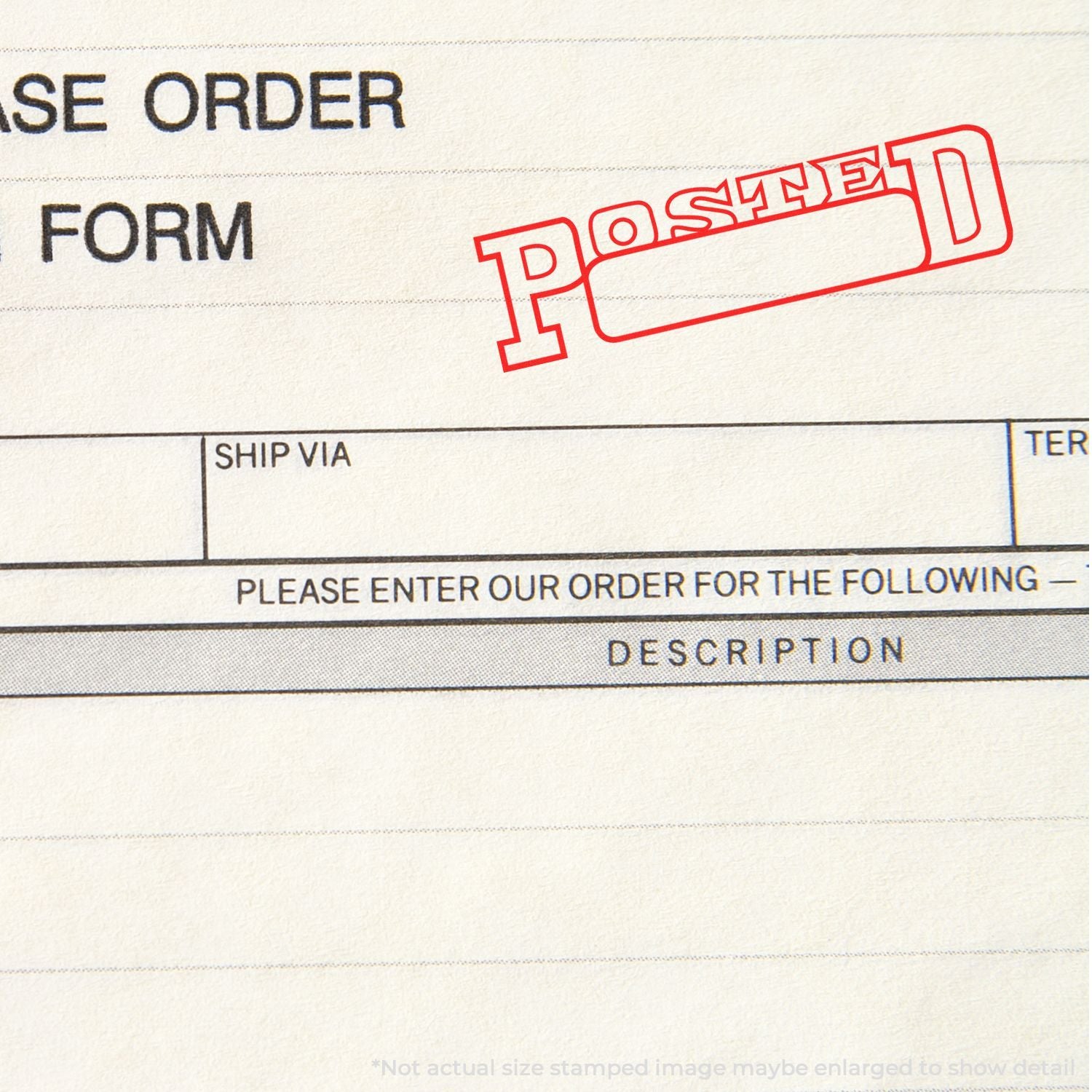 Red POSTED stamp on a purchase order form document, close-up office paperwork approval mark