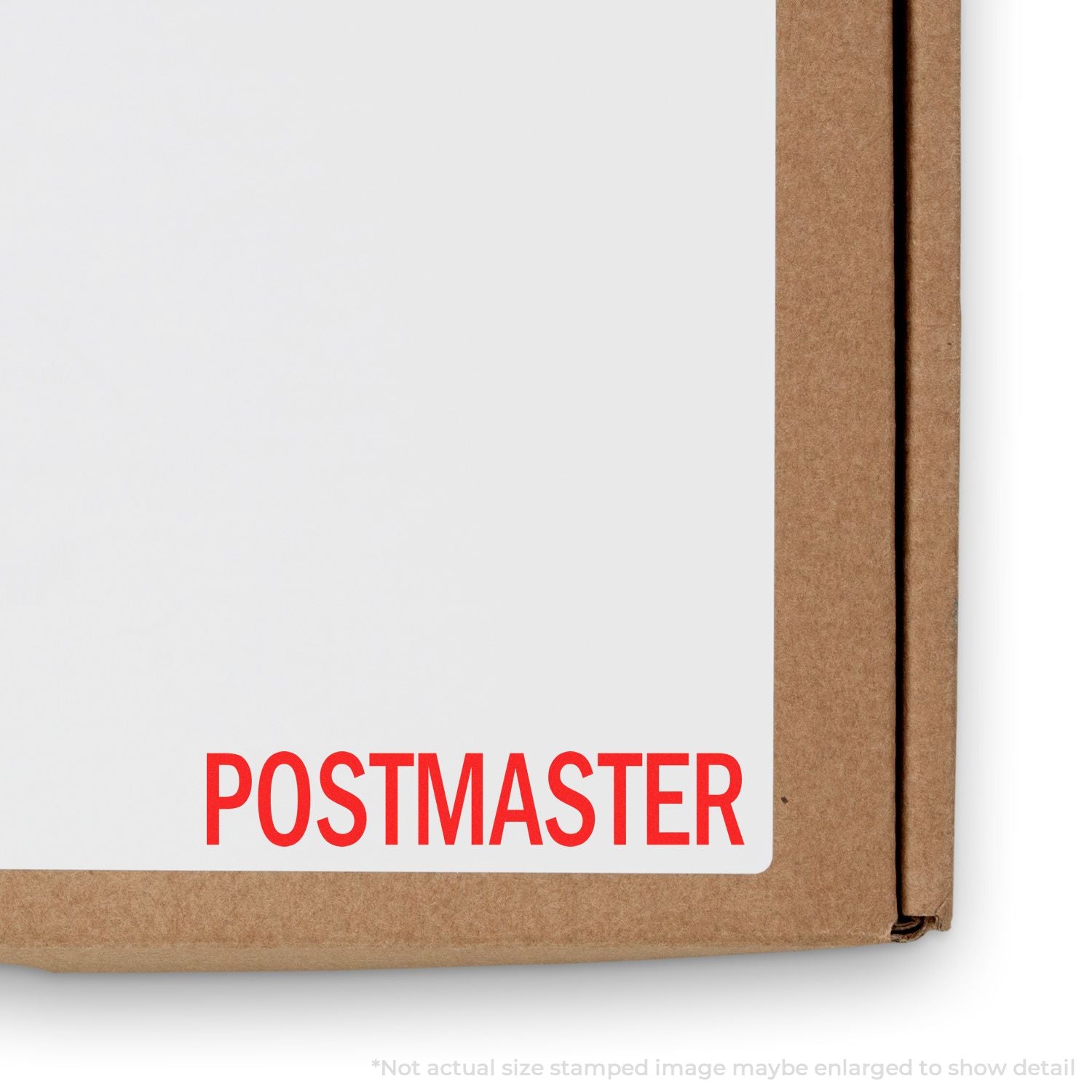 Brown package label with POSTMASTER stamp, representing mail delivery services and postal communication.