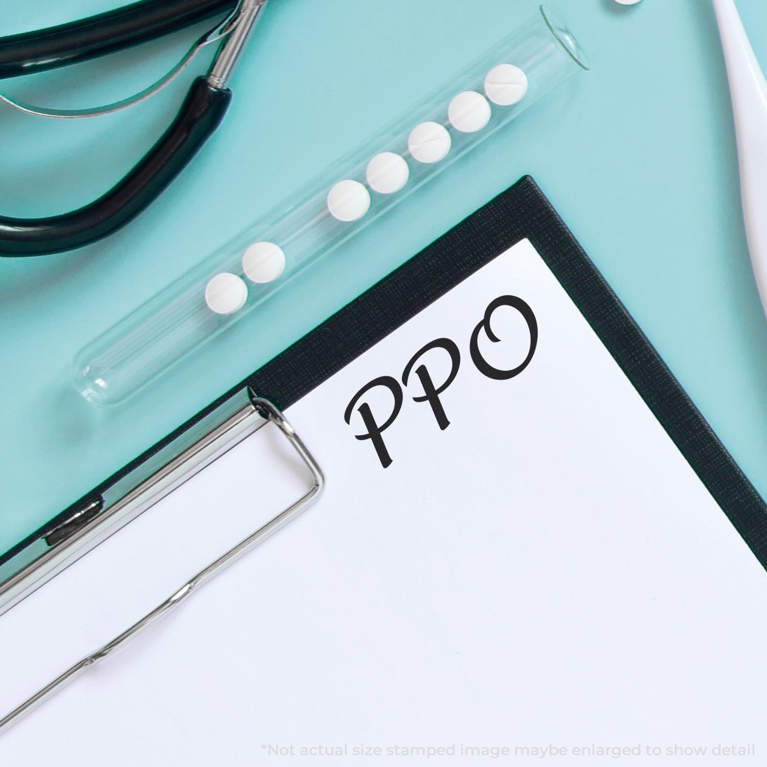 Close-up of a PP approval stamp on paperwork inside a notebook with pen and binder clip, symbolizing document processing.