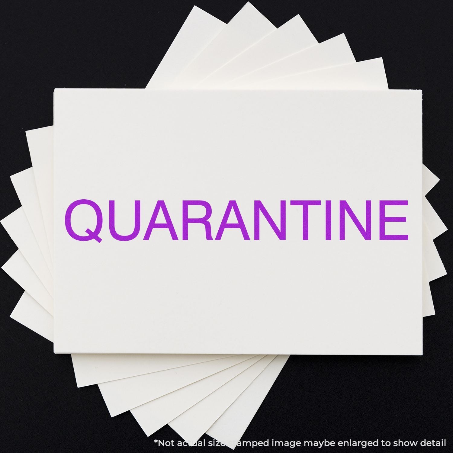 Quarantine concept card with purple QUARANTINE lettering on stacked white papers, used for infection-control alerts.