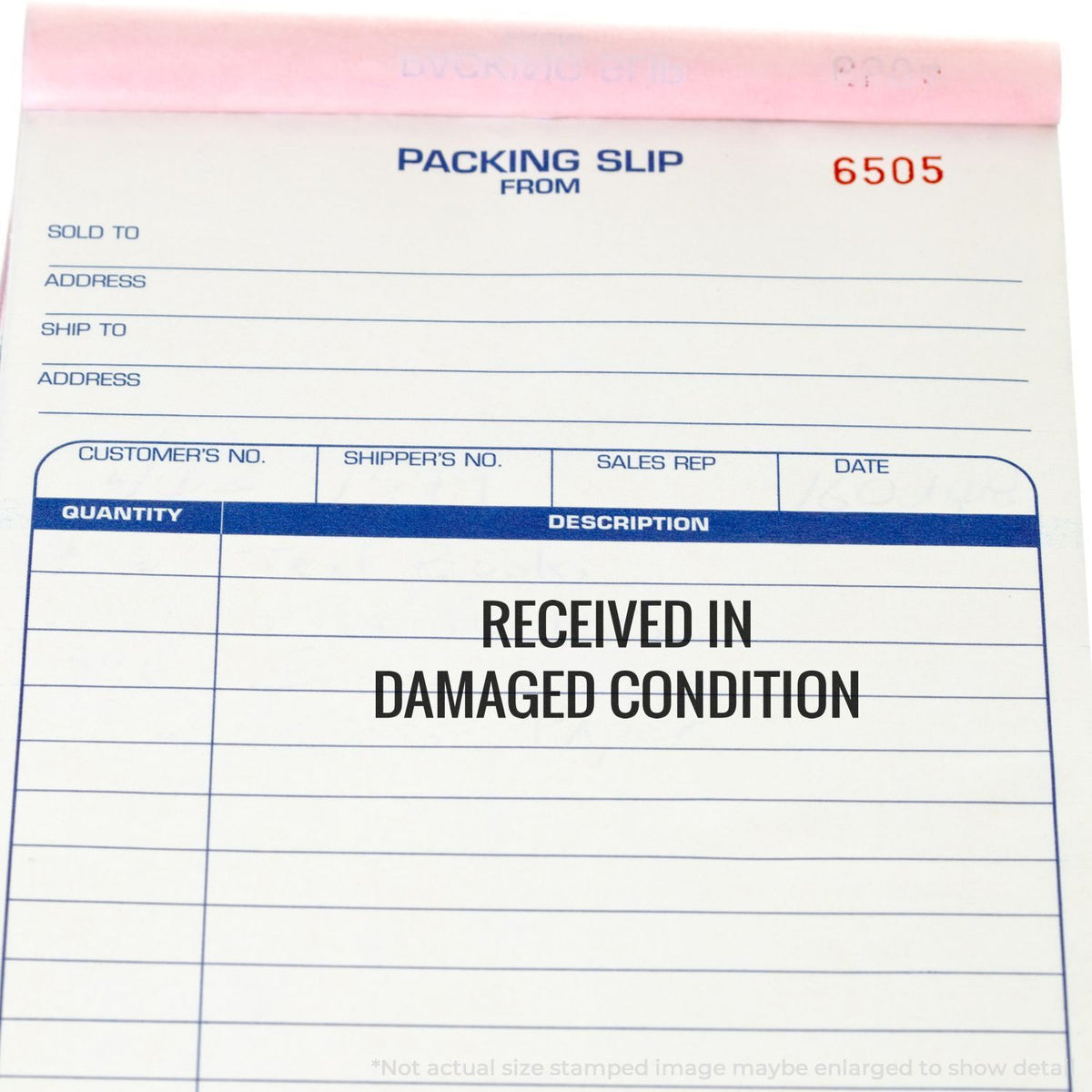 Shipping packing slip form showing Received in damaged condition for documenting damaged goods receipt.