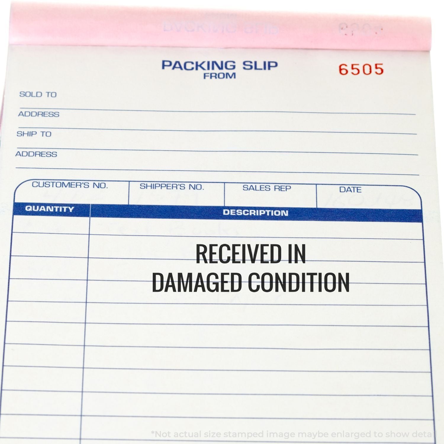 Packing slip form stamped Received in Damaged Condition, shipping document with quantity, description, and customer details fields.