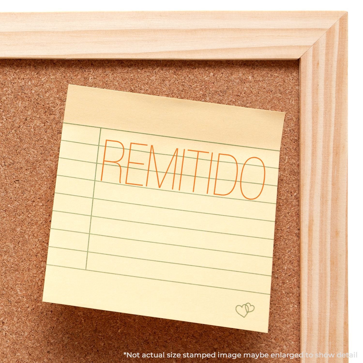 Sticky note on cork bulletin board with REMITIDO text, wooden frame background, office memo concept