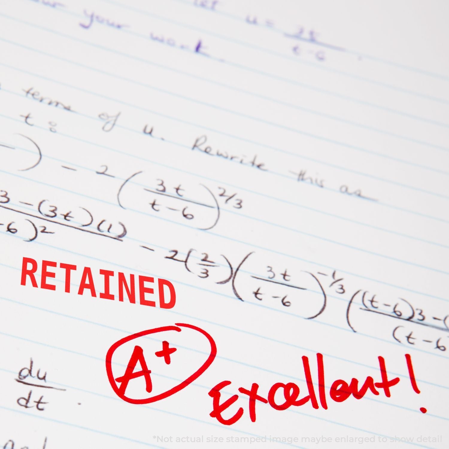 A+ excellent grade on a math assignment with handwritten equations in a notebook.