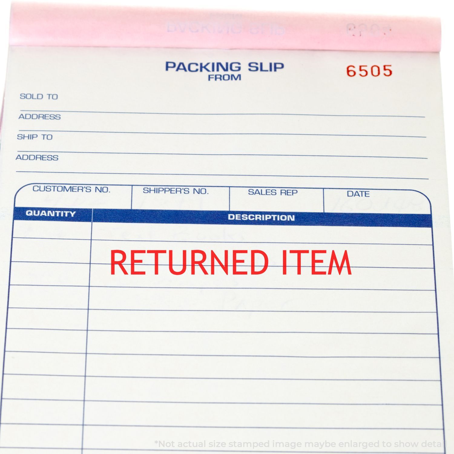Returned item packing slip form with shipping details, quantity and description fields, and bold red return stamp for inventory and order processing.