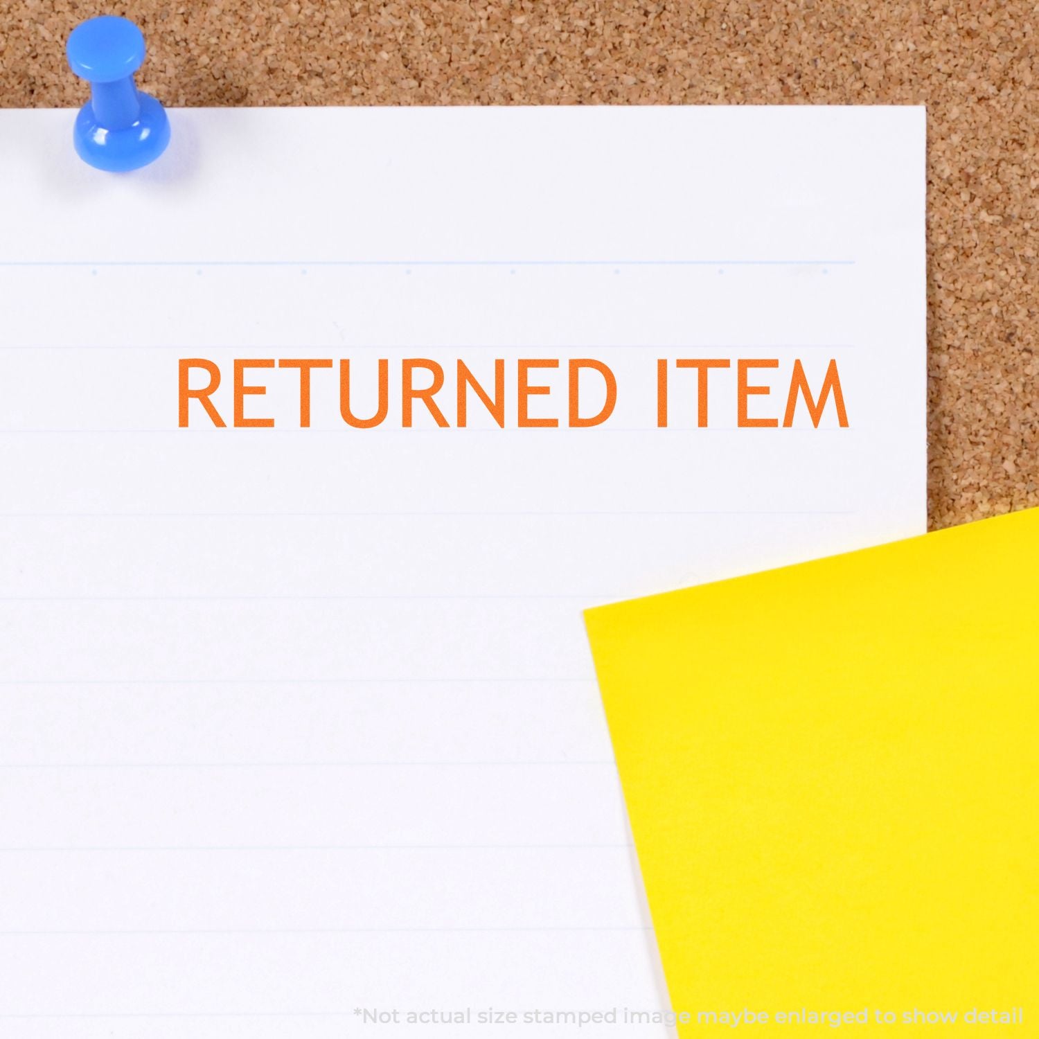 Returned item notice on a pinned note with blue tack, showing RETURNED ITEM for returns and customer service context