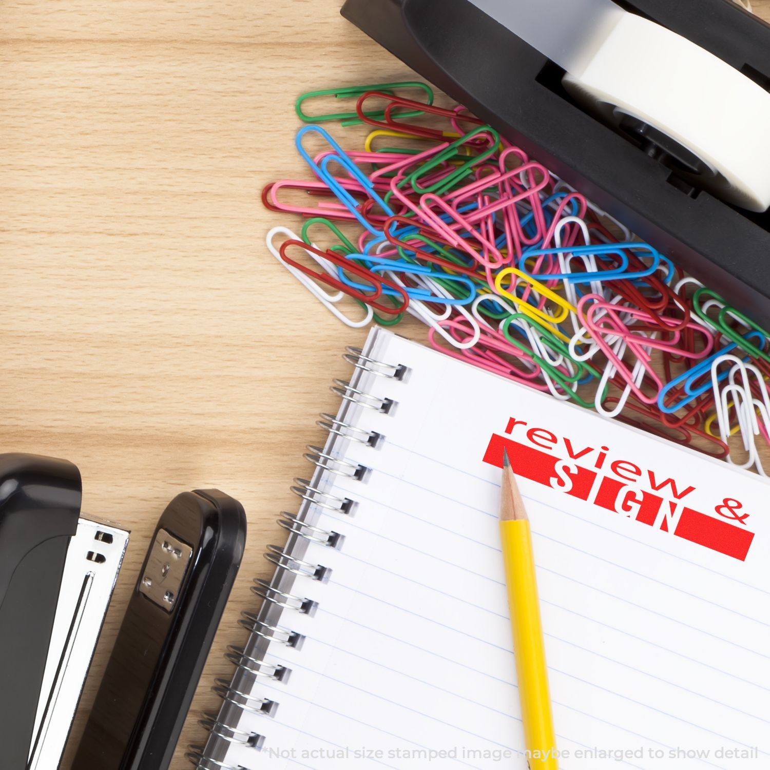 Office desk with colorful paper clips, stapler, notebook, and pencil for review and sign documents.