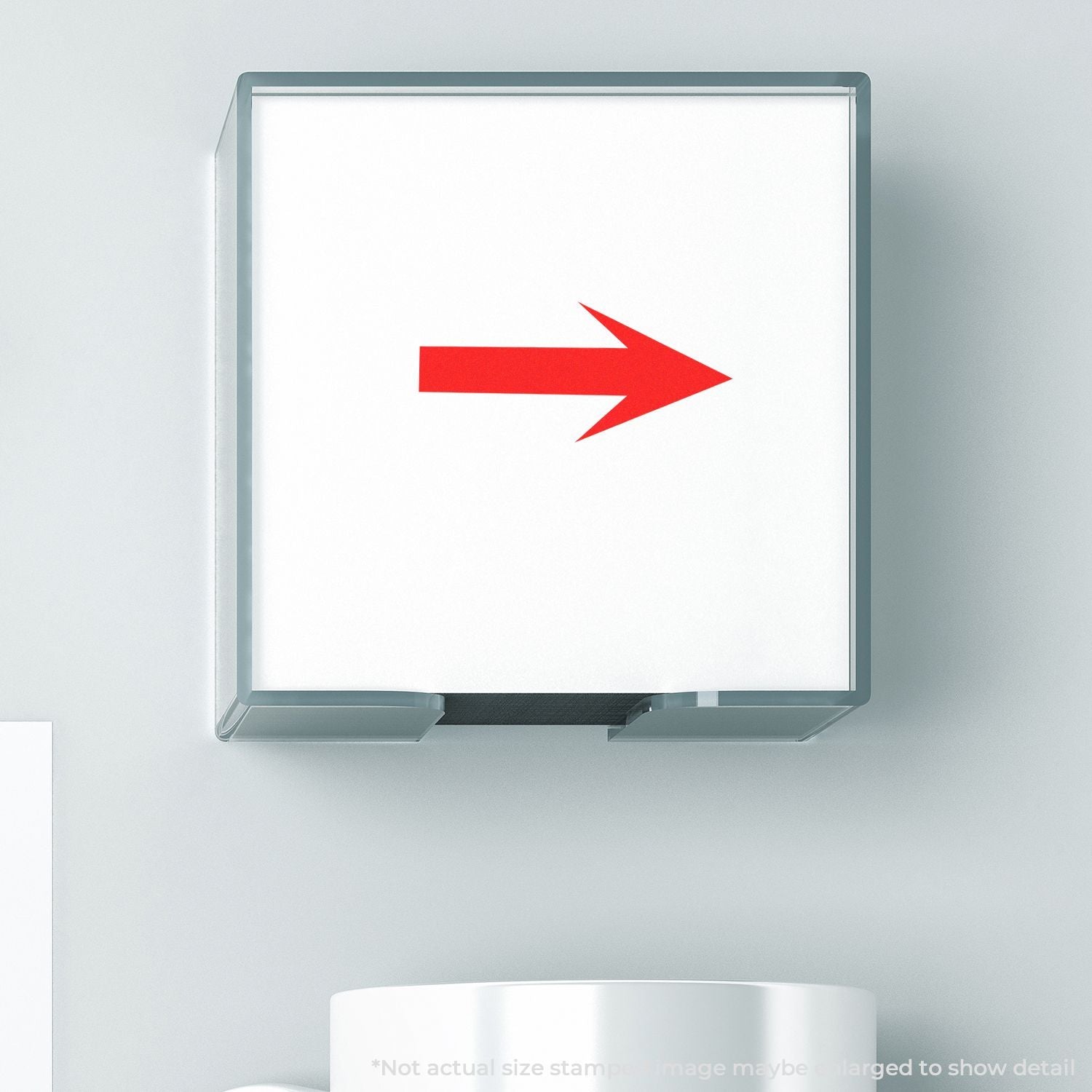 Red right arrow sign on a blank white acrylic wall display holder, modern directional signage.