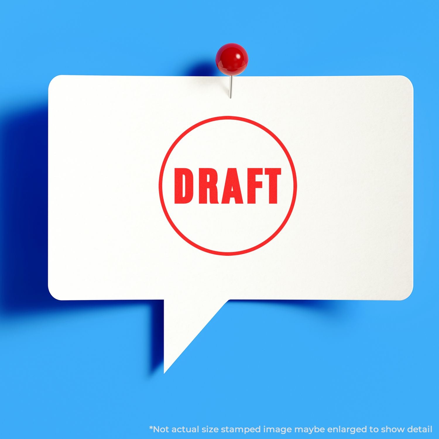 Red DRAFT stamp on a pinned speech bubble note against a blue background, concept of document review and approval status