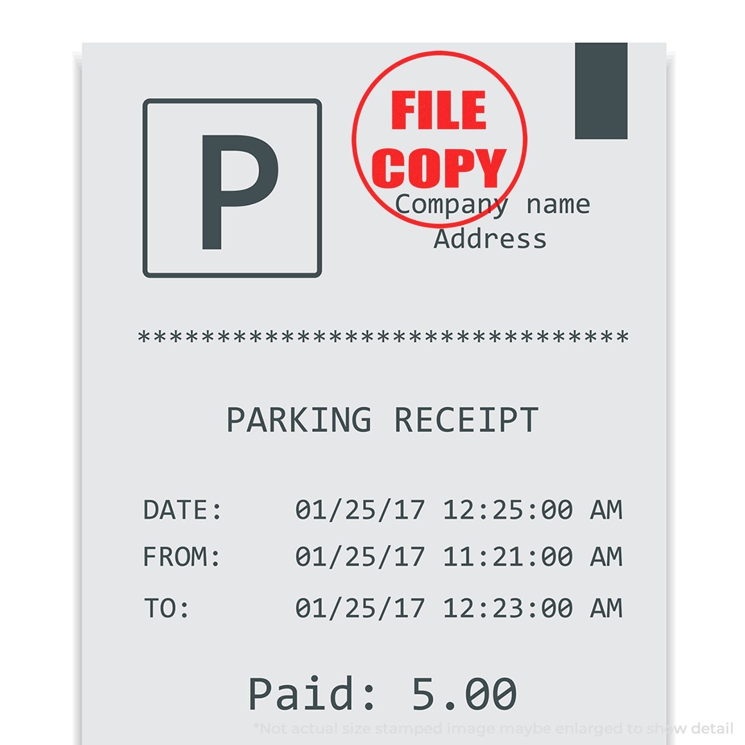 Parking receipt with red file copy stamp, showing payment details and date for parking fee.