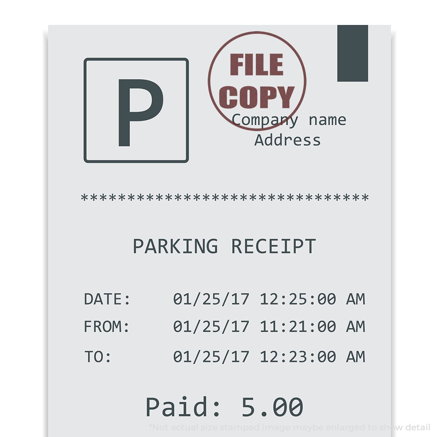Parking receipt template with file copy stamp, company name and address, date/time details, and paid amount of 5.00.