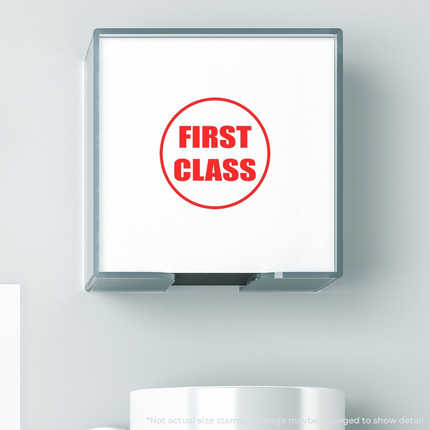 First Class red rubber stamp icon in clear plastic stamp case on white background