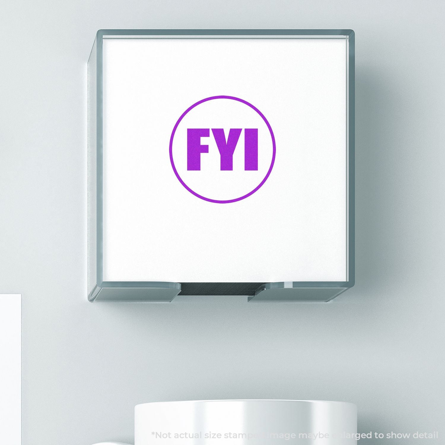 Purple FYI logo on a clear glass stamp against a white background, modern office branding design