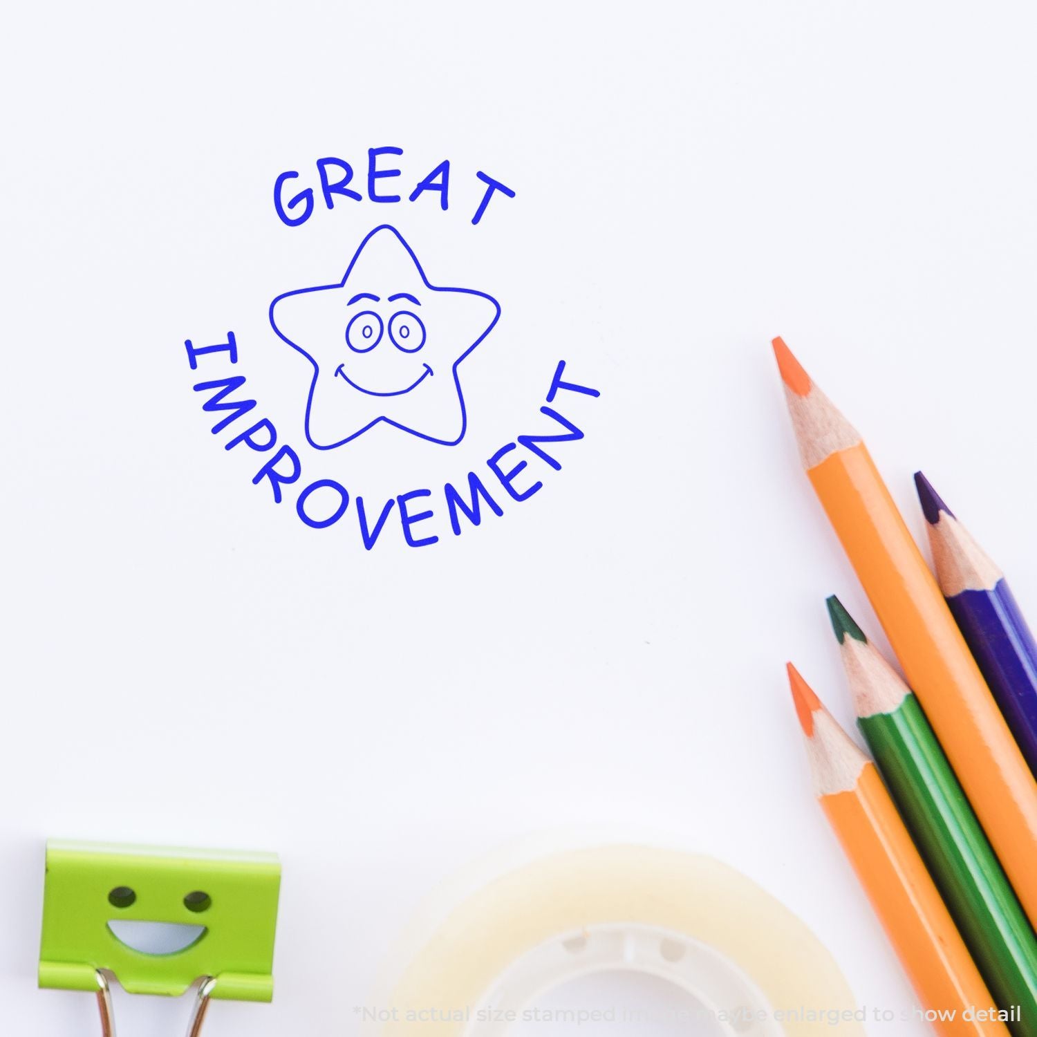 Great improvement stamp with smiling star, colorful pencils, and white paper background, creative education concept.