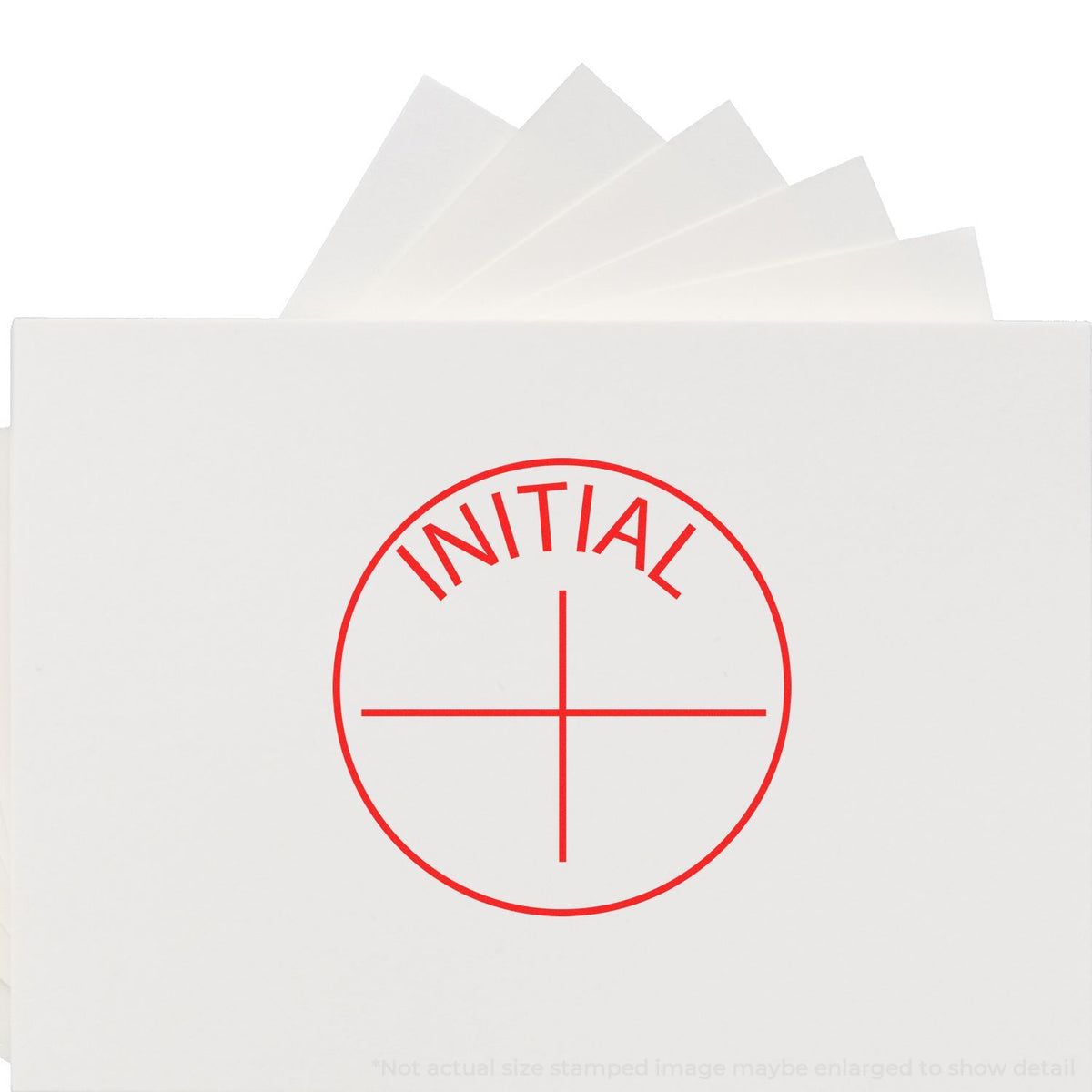 White document envelope with red INITIAL stamp seal and plus cross symbol for verification.
