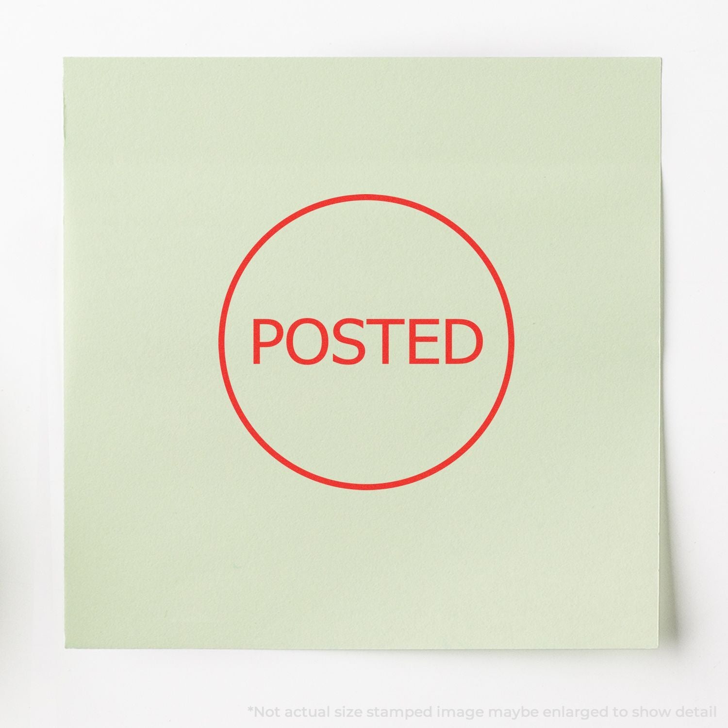 Red POSTED stamp on pale green paper card, minimalist business notification design.