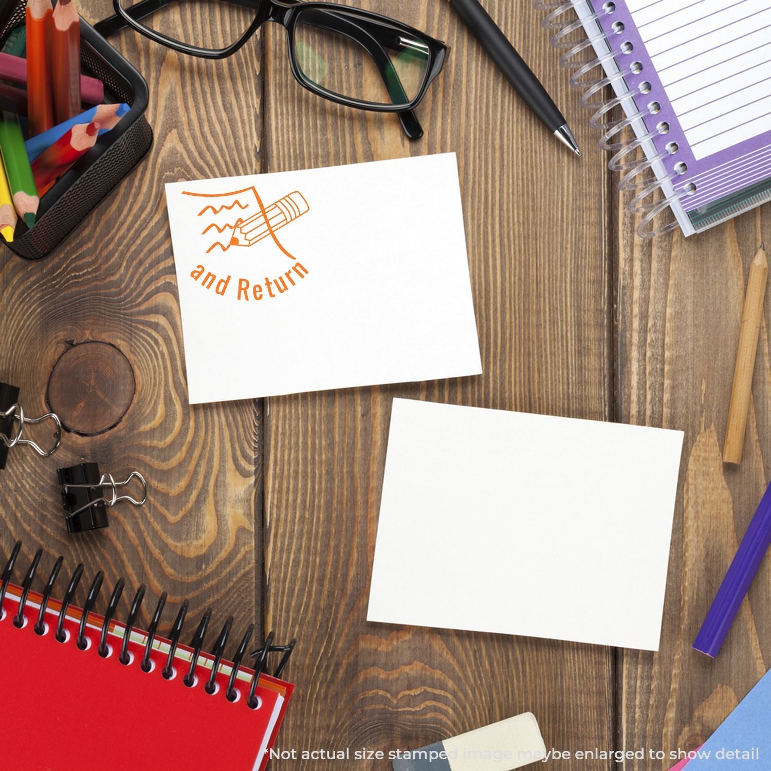 Wooden office desk with stationery, glasses, notebooks, and blank sticky notes with a return stamp mockup.